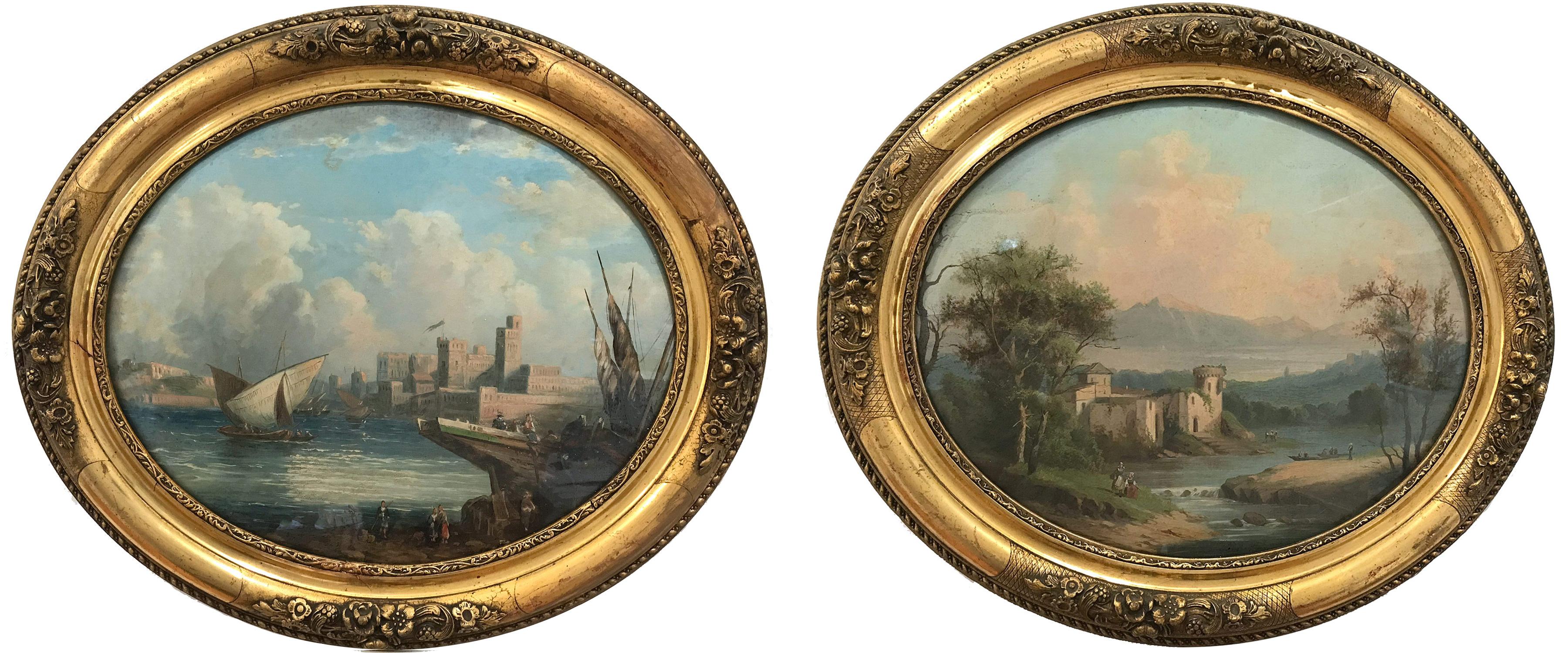 Pair of Ovals 19th Century Continental School Landscape and Seascape Paintings