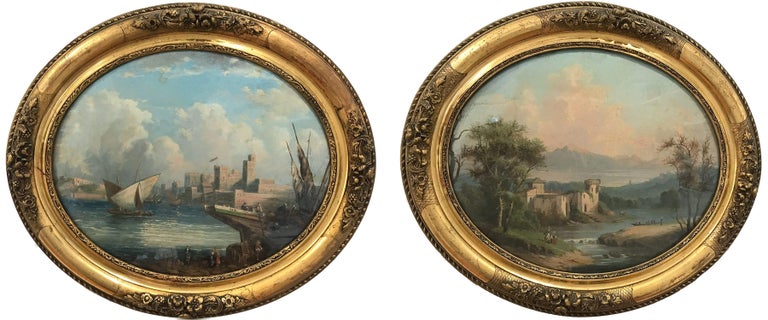 Unknown Landscape Painting - Pair of Ovals 19th Century Continental School Landscape and Seascape Paintings