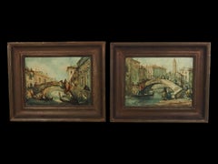 Paire de tableaux représentant un pont à Venise, probablement le "Ponte dei Pugni", vers 1900
