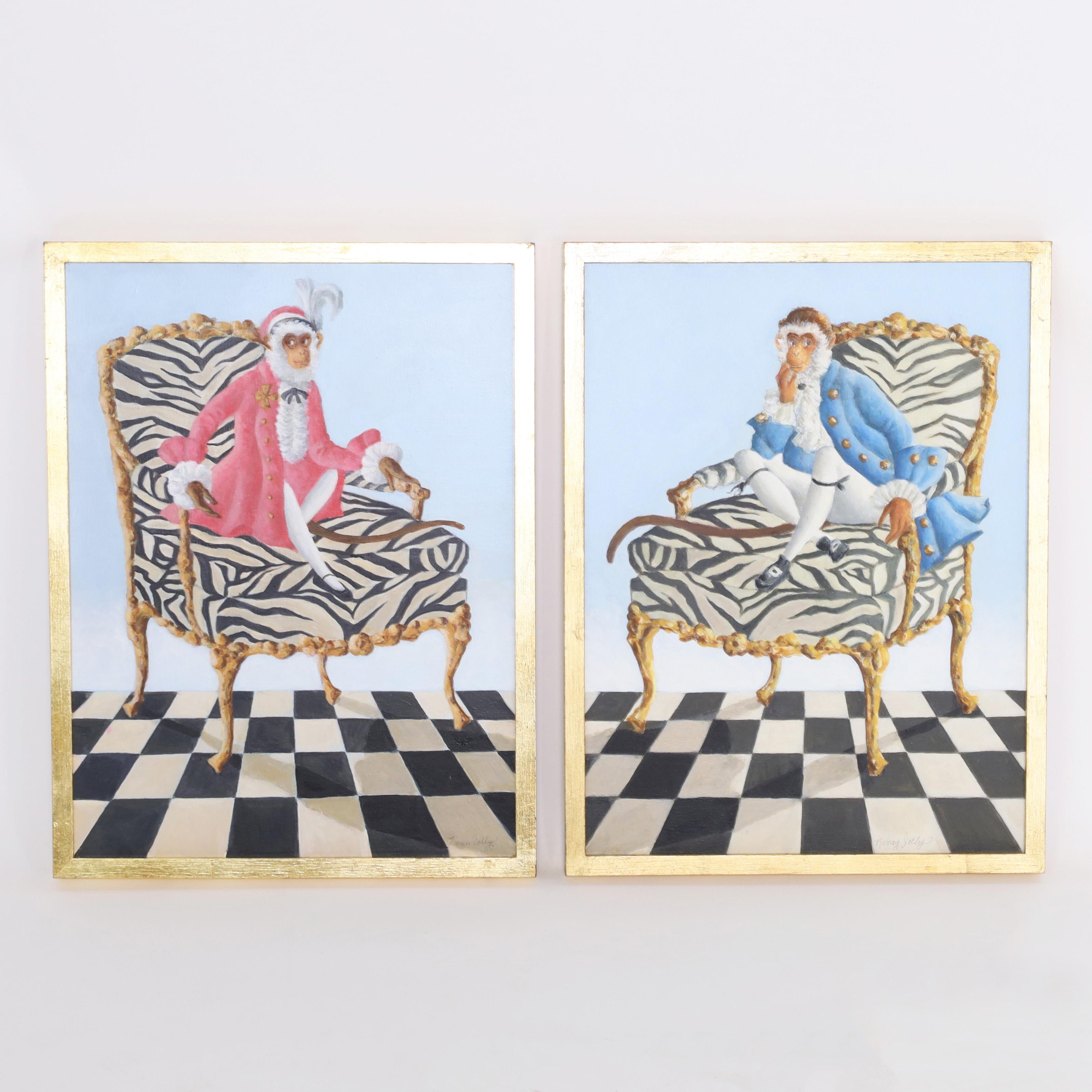Whimsical art and the art of whimsy, here is a standout example: a pair of acrylic paintings on canvas depicting monkeys as dandies executed with a hint of surrealism. Signed by noted Palm Beach artist Nancy Jolly and presented in gilt wood frames.