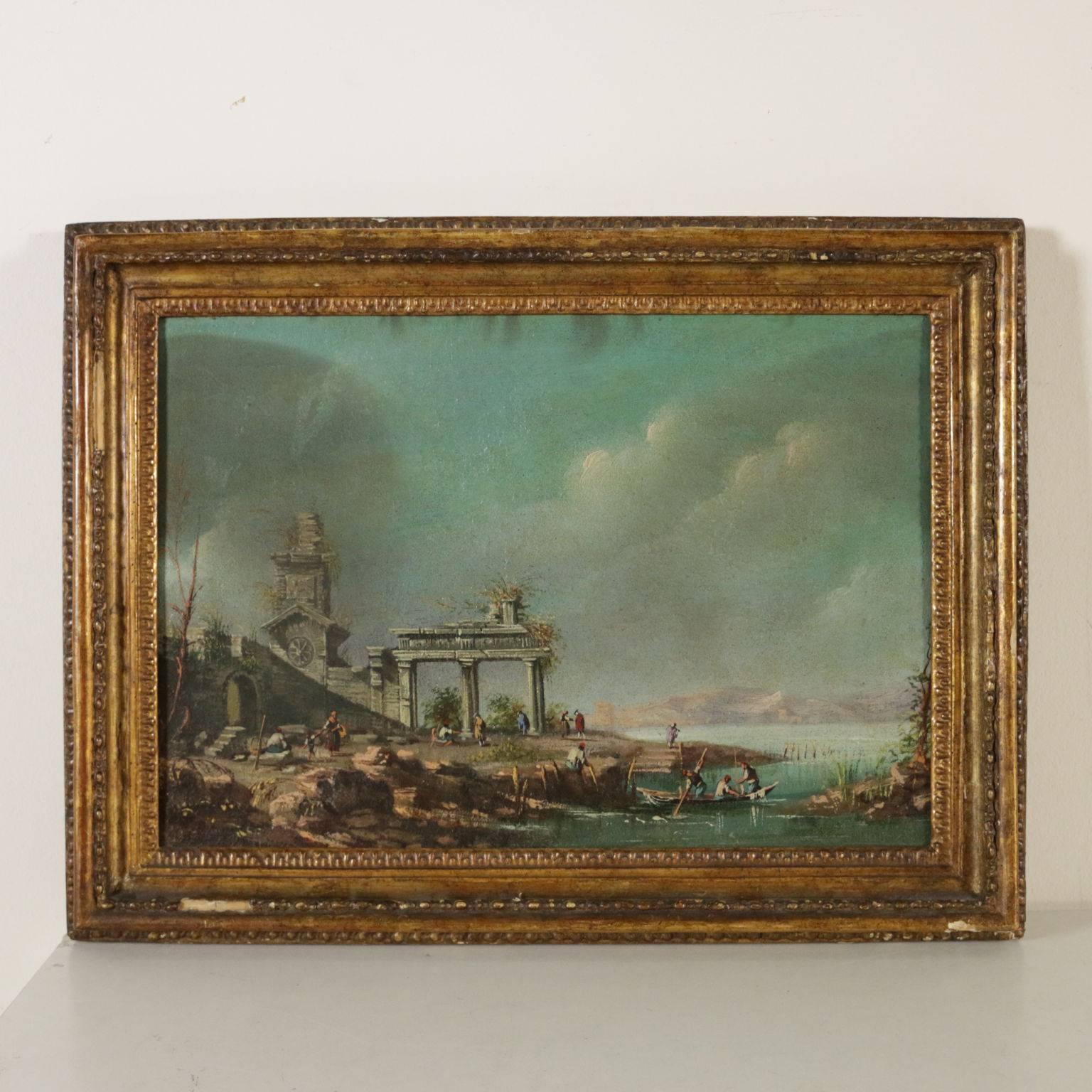 Oil on canvas. The architectural paintings are set on the sea coast and populated with common people and fishers. Restored and relined, the paintings are presented in adjusted frames of the 19th century. 