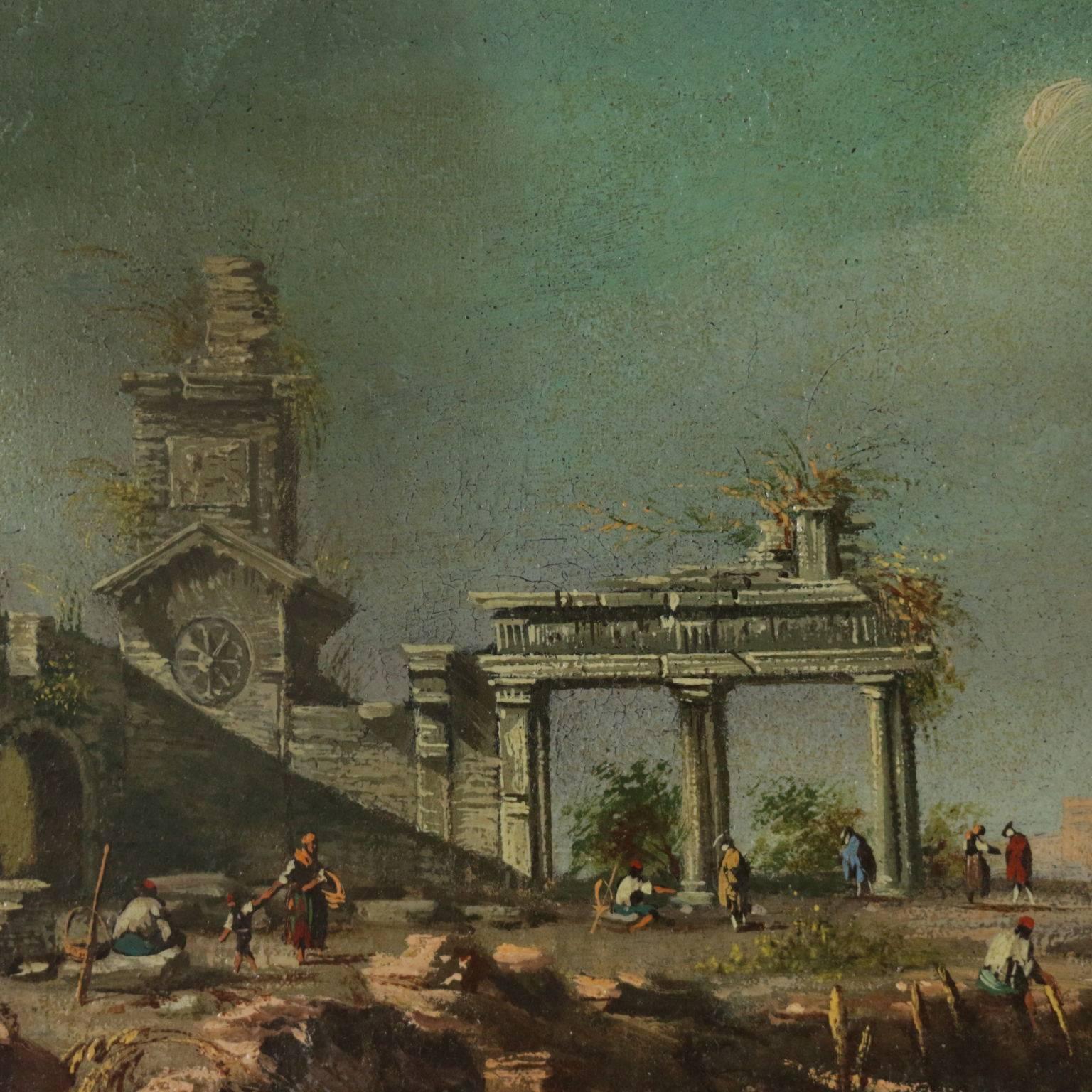 Pair of Paintings with Ruins and Figures Venetian School 19th Century 2