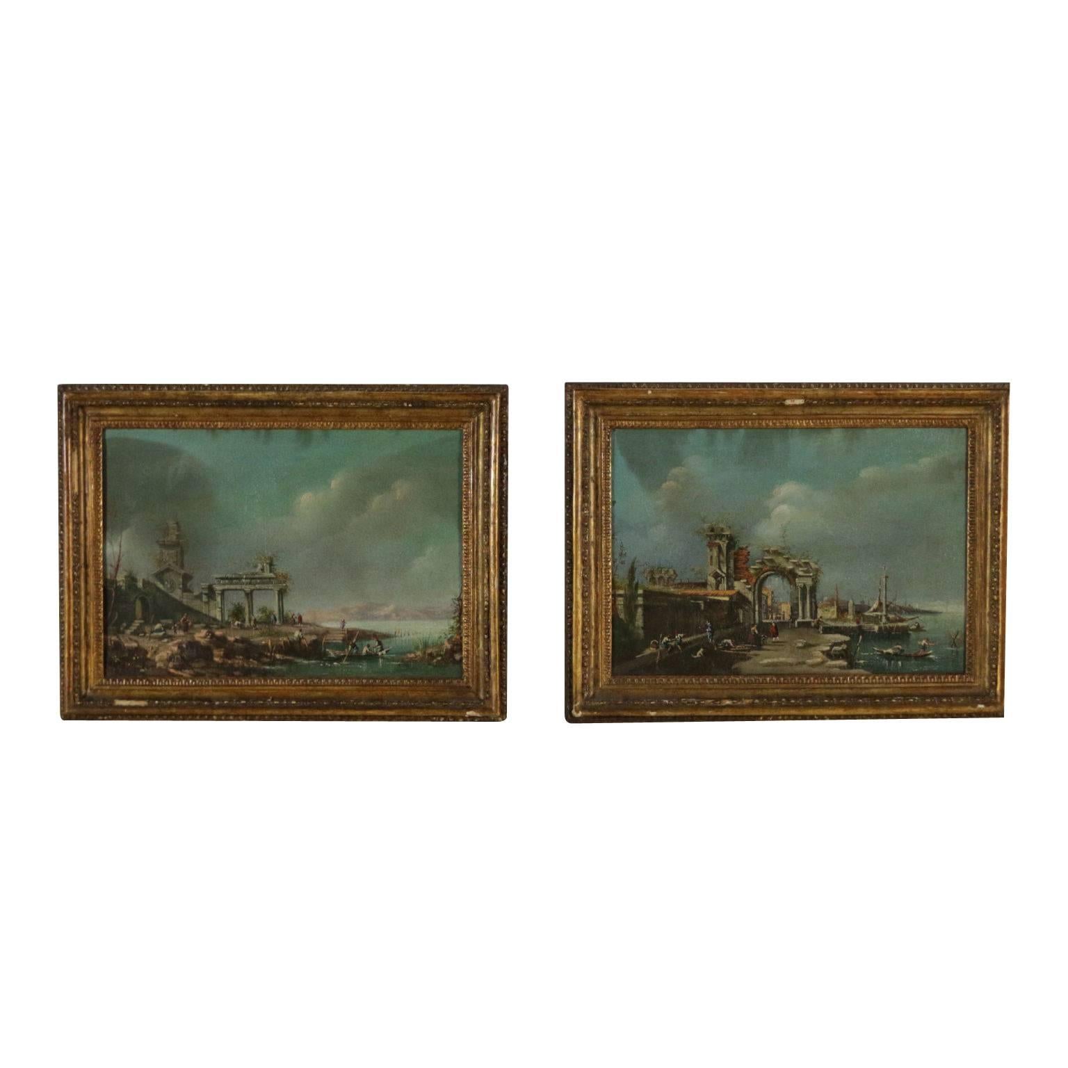 Unknown Landscape Painting - Pair of Paintings with Ruins and Figures Venetian School 19th Century