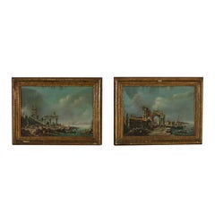 Pair of Paintings with Ruins and Figures Venetian School 19th Century