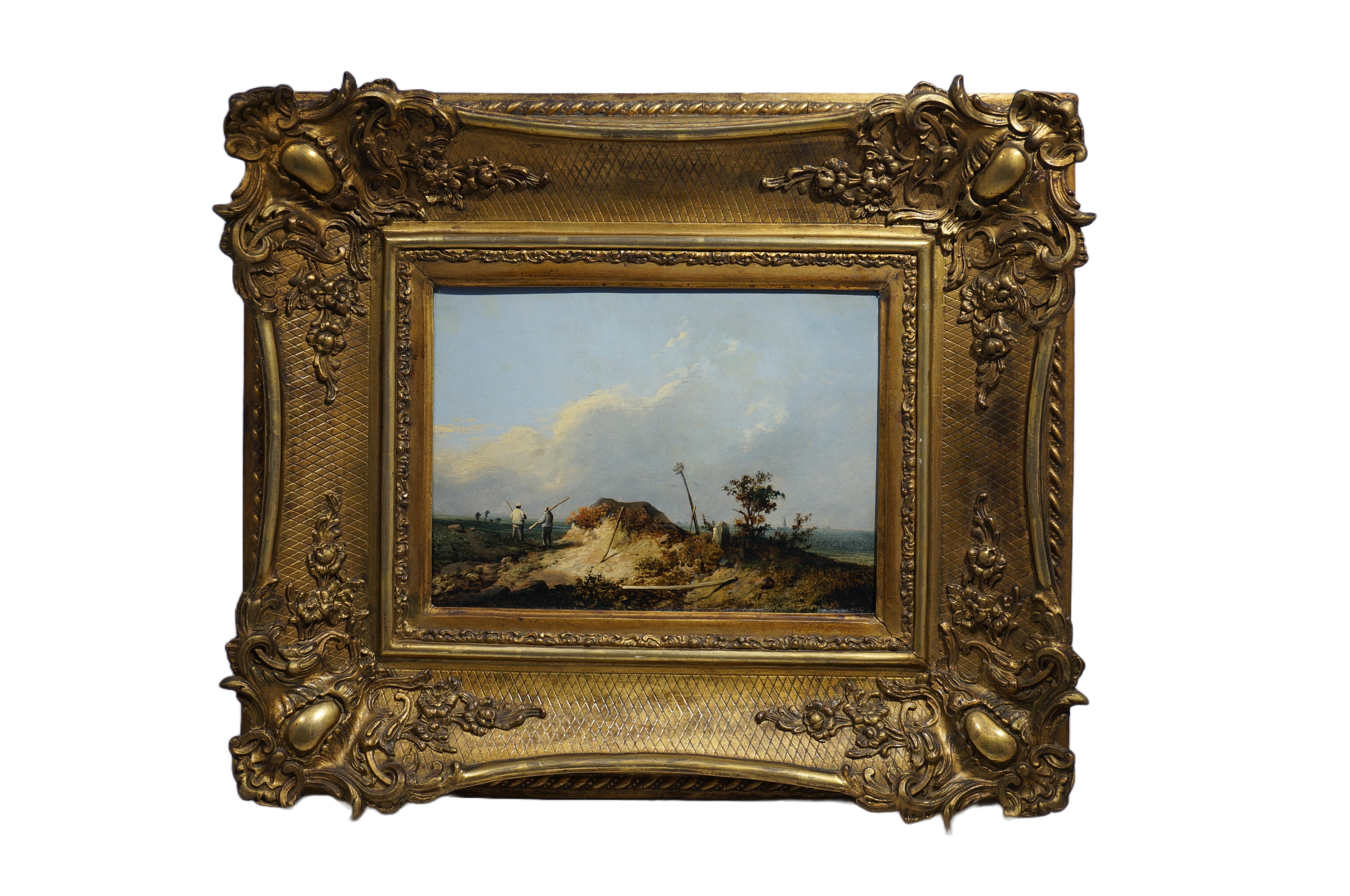 Pair of Romantic landscape paintings (pendant), oil on panel, in gilt wood frame For Sale 7