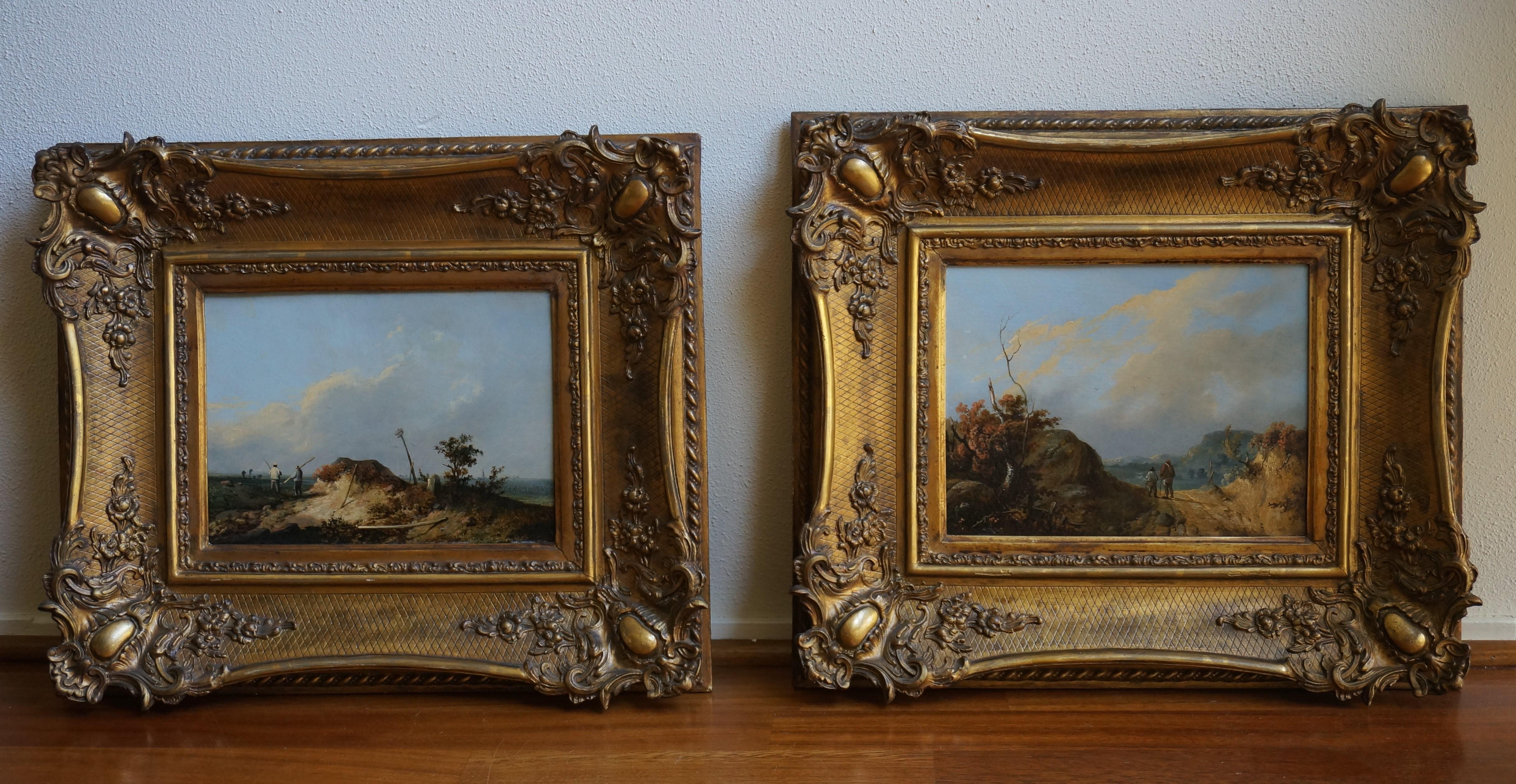 Pair of Romantic landscape paintings (pendant), oil on panel, in gilt wood frame - Painting by Unknown