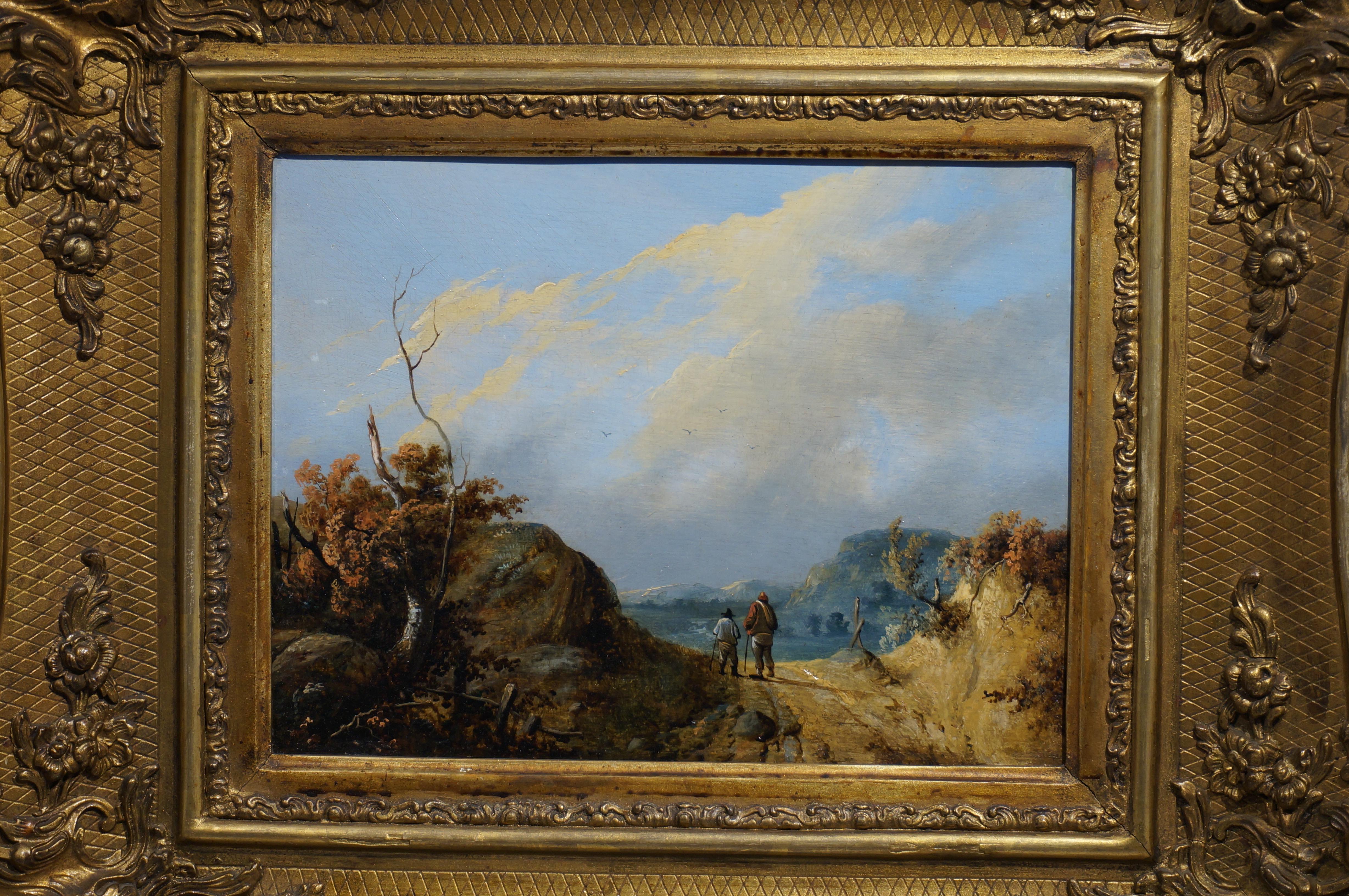 Pair of Romantic landscape paintings (pendant) with figures, Inspired by 17th century Dutch landscape painting
Oil on panel
In gilt wooden frame

Not signed, artist unknown

Dimensions incl. frame: 45.5 x 40 cm., 46.5 x 41.5 cm.
Dimensions excl.