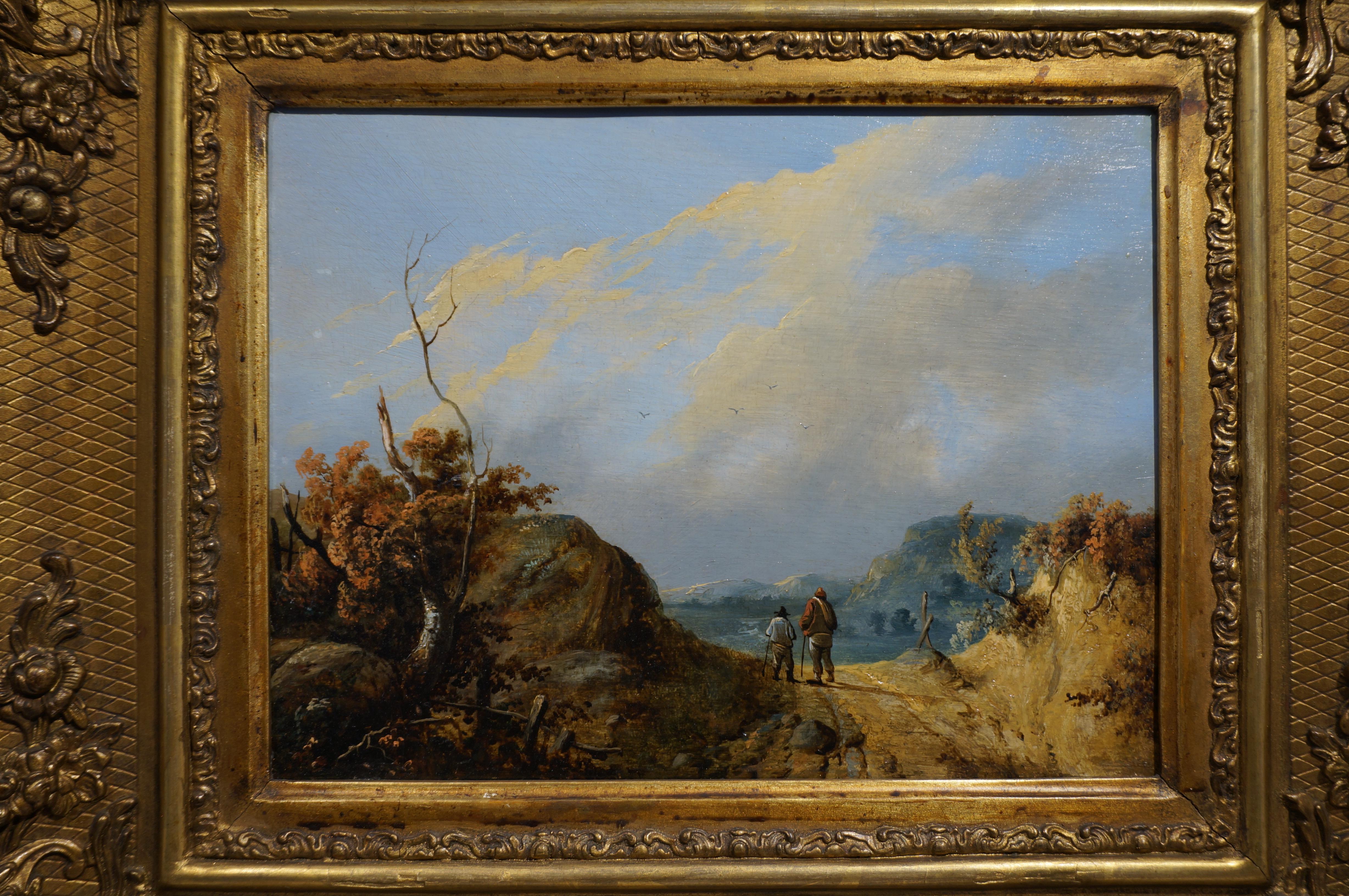 Pair of Romantic landscape paintings (pendant), oil on panel, in gilt wood frame For Sale 1