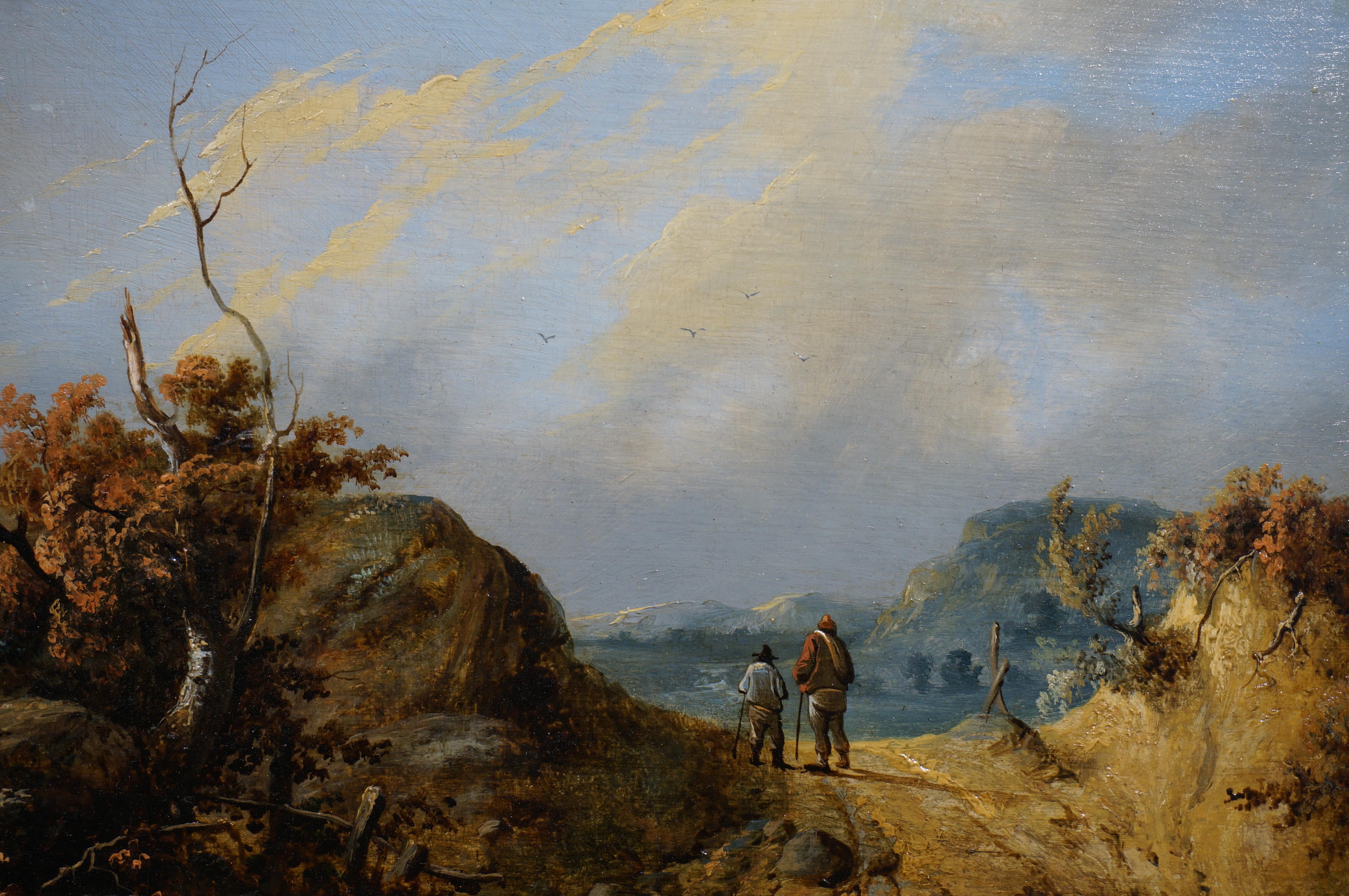 Coppia di dipinti di paesaggi romantici (ciondolo), olio su tavola, in cornice di legno dorato in vendita 1