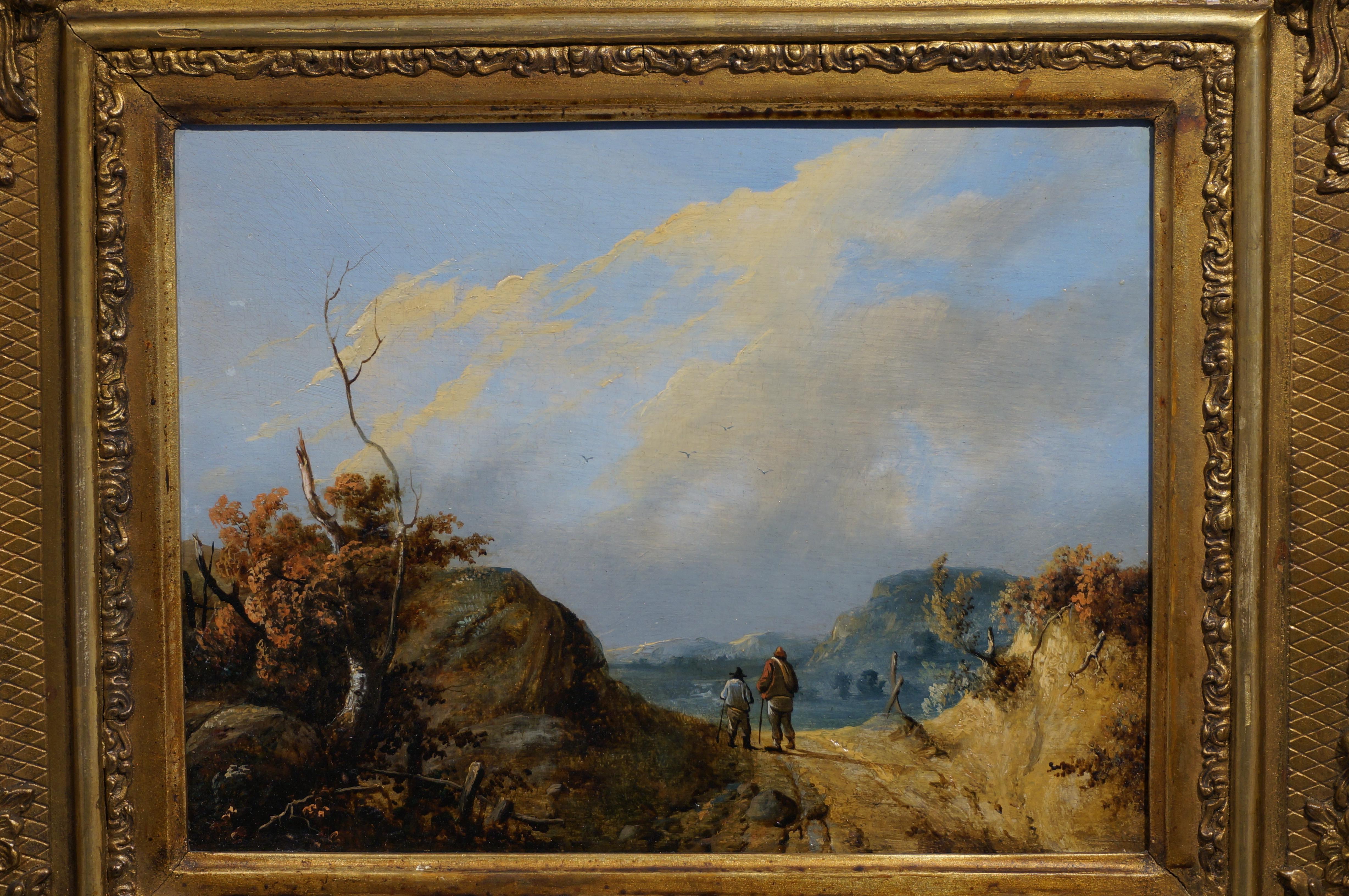 Pair of Romantic landscape paintings (pendant), oil on panel, in gilt wood frame For Sale 5