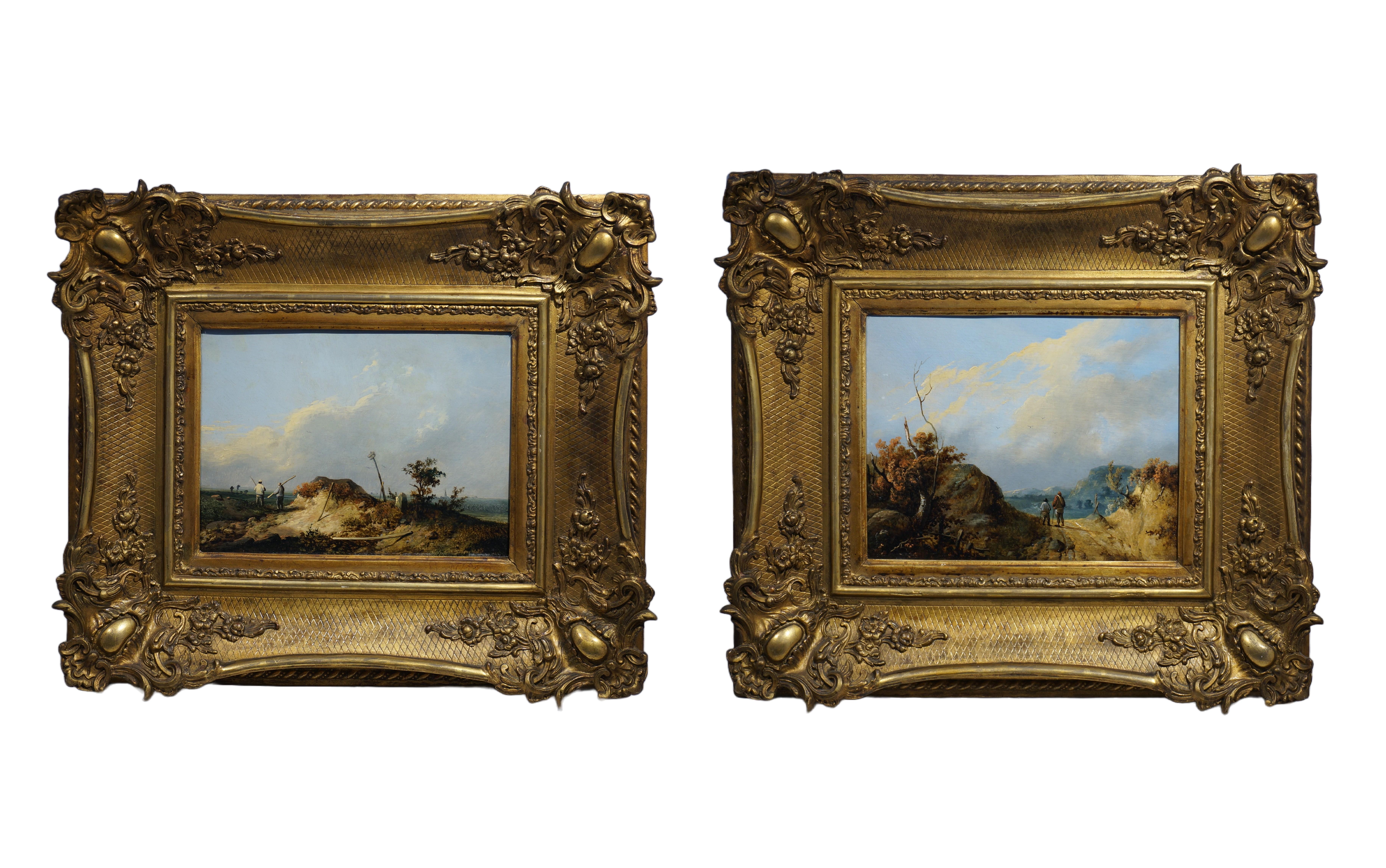 Coppia di dipinti di paesaggi romantici (ciondolo), olio su tavola, in cornice di legno dorato