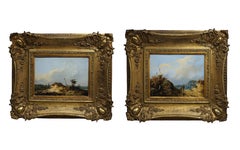 Antique Pair of Romantic landscape paintings (pendant), oil on panel, in gilt wood frame