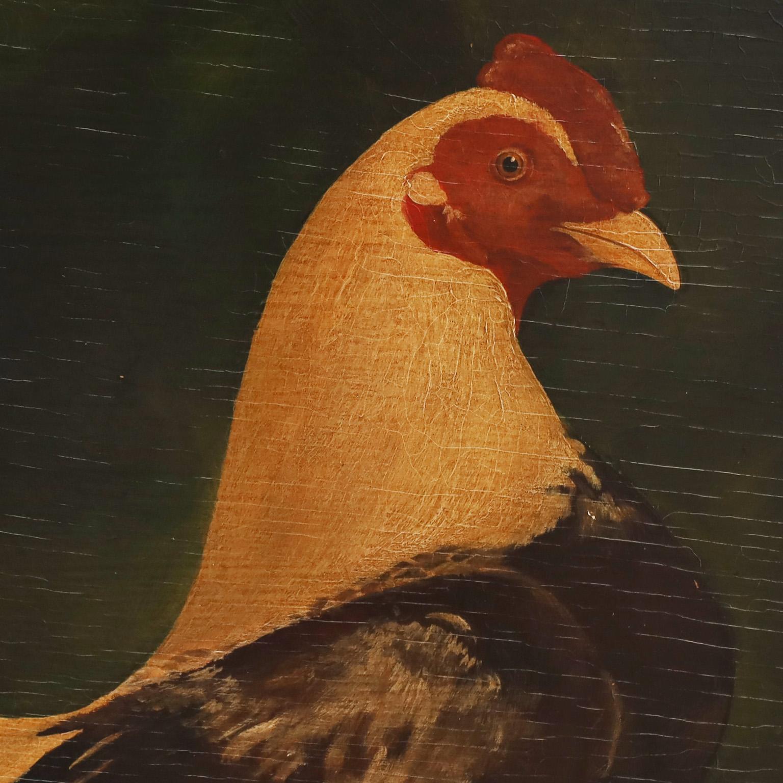 Pair of Rooster Paintings on Board - Beige Animal Painting by Unknown