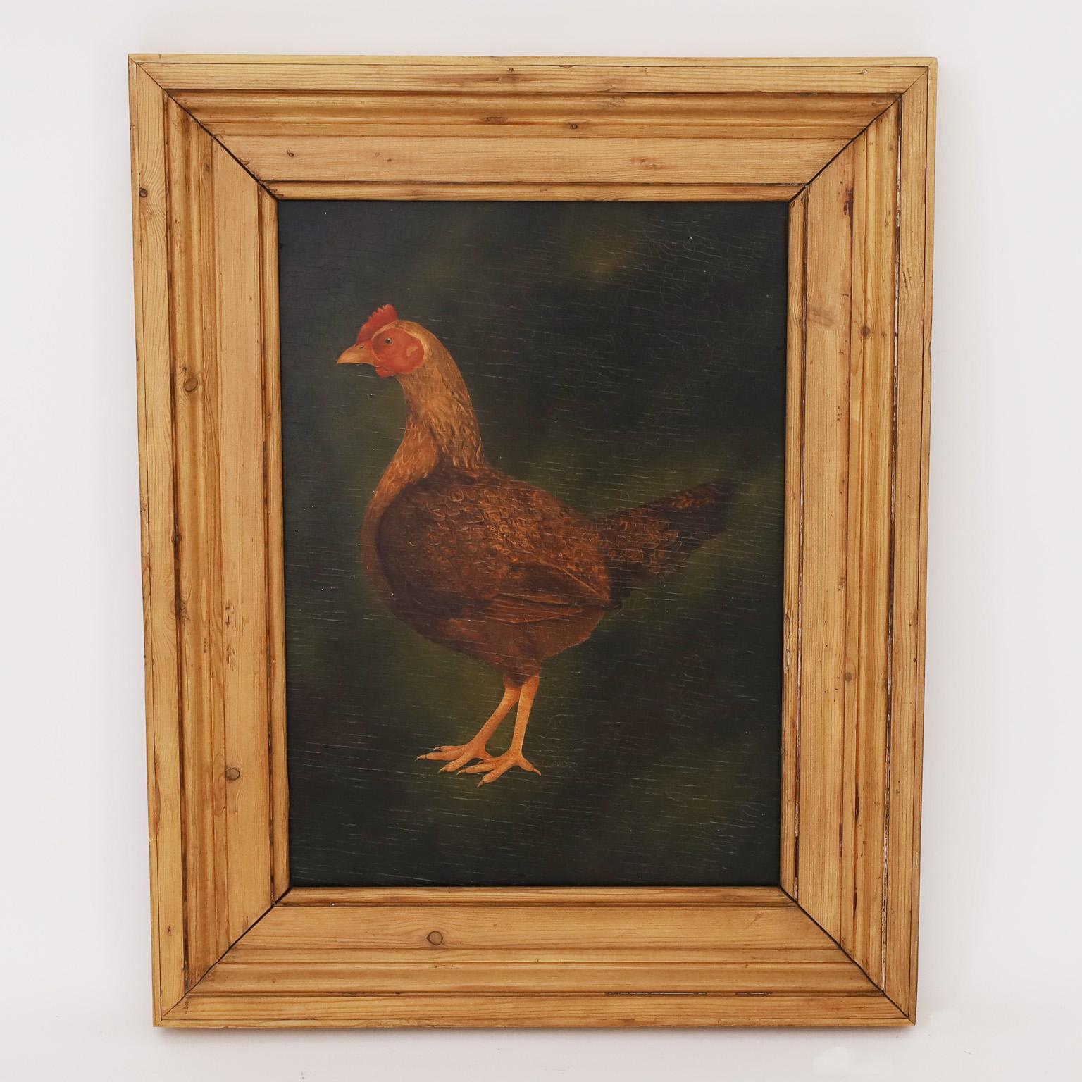 Handsome pair of oil paintings on board depicting prized roosters, executed in a primitive yet decorative technique and presented in impressive pine frames.