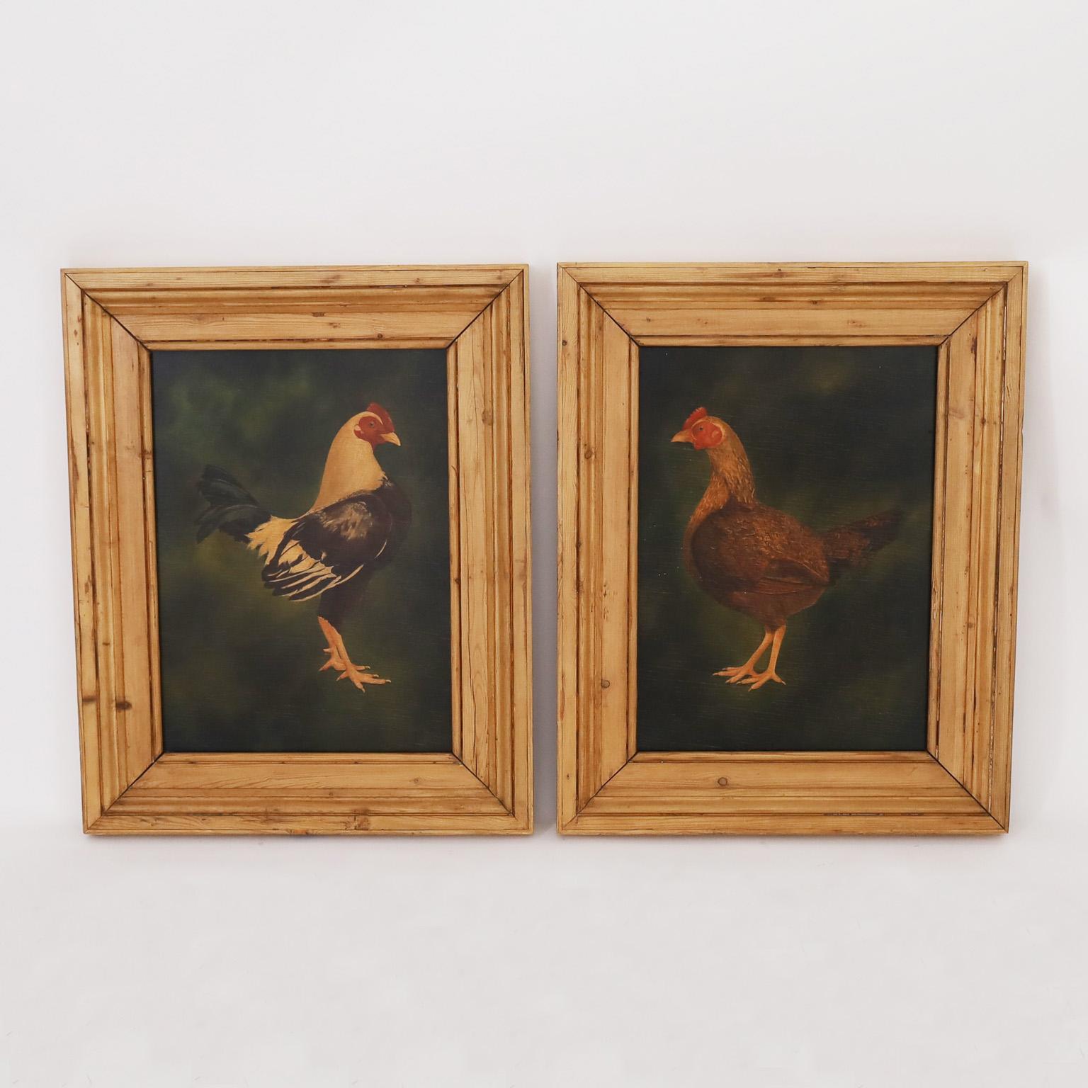Unknown Animal Painting - Pair of Rooster Paintings on Board