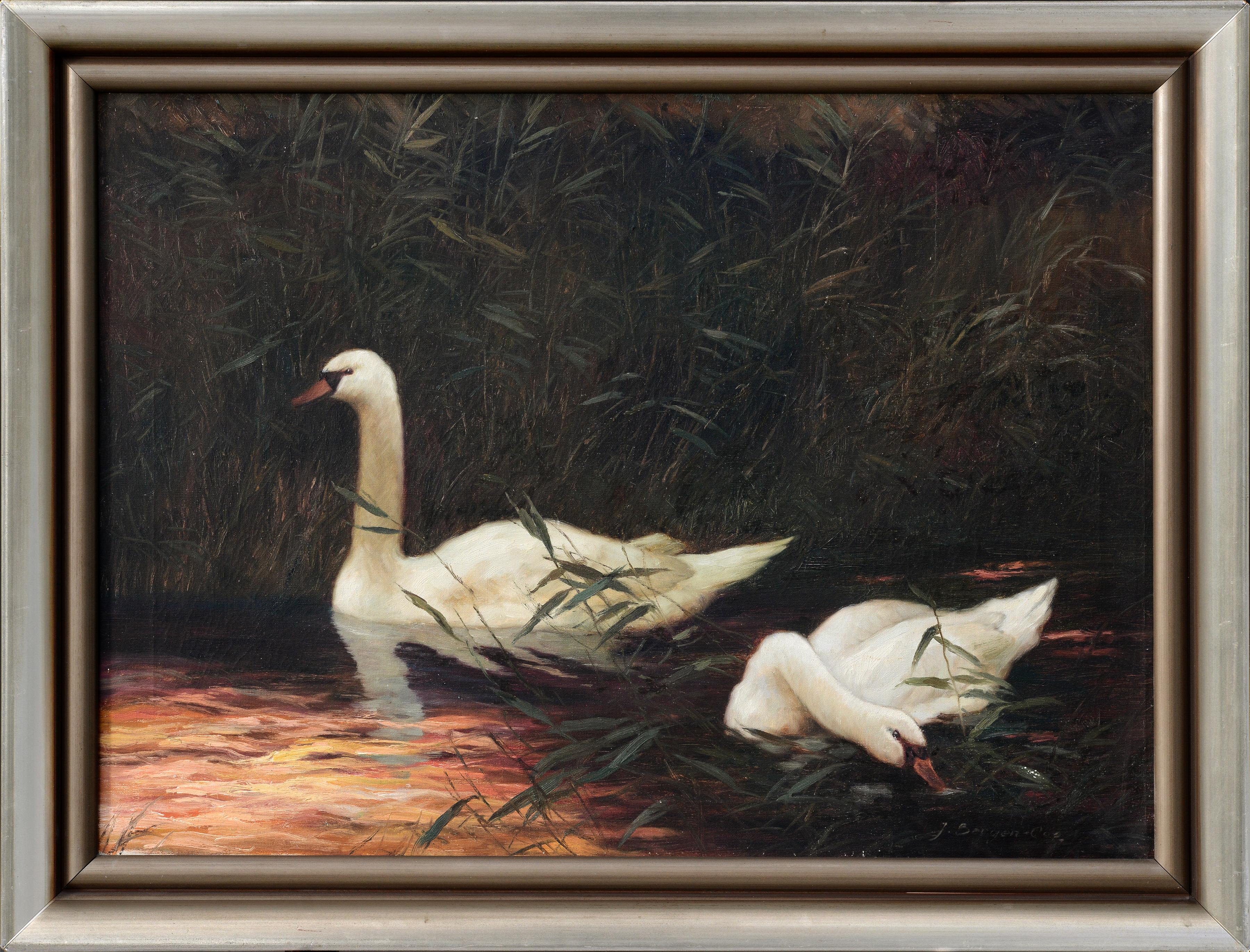 Pair of Snow White Swans at Sunset mid 20th century Vintage Oil Painting Signed
