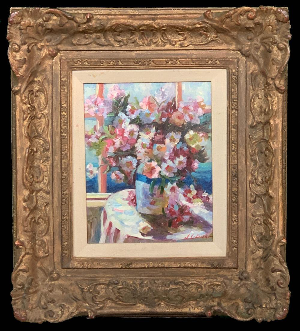 Pair of Still Life Floral Oil Paintings by various artists  In heavy custom ornate matching carved wood frames  Each is signed by the artist in lower part of images.


