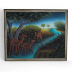 Pair of Vintage Haitian Painting of Animals in a Jungle by Roland Blain