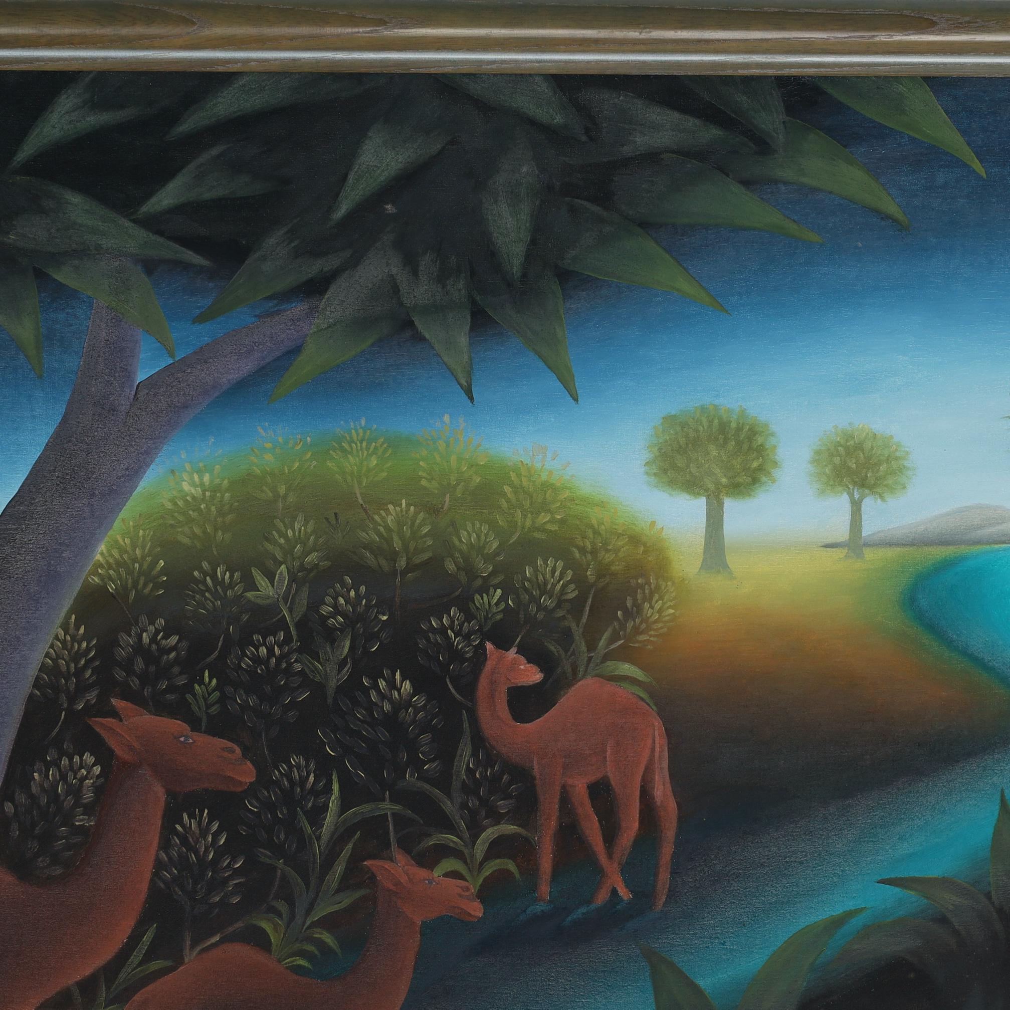 Pareja de cuadros haitianos vintage de animales en una jungla por Roland Blain - Animal Painting Negro de Unknown