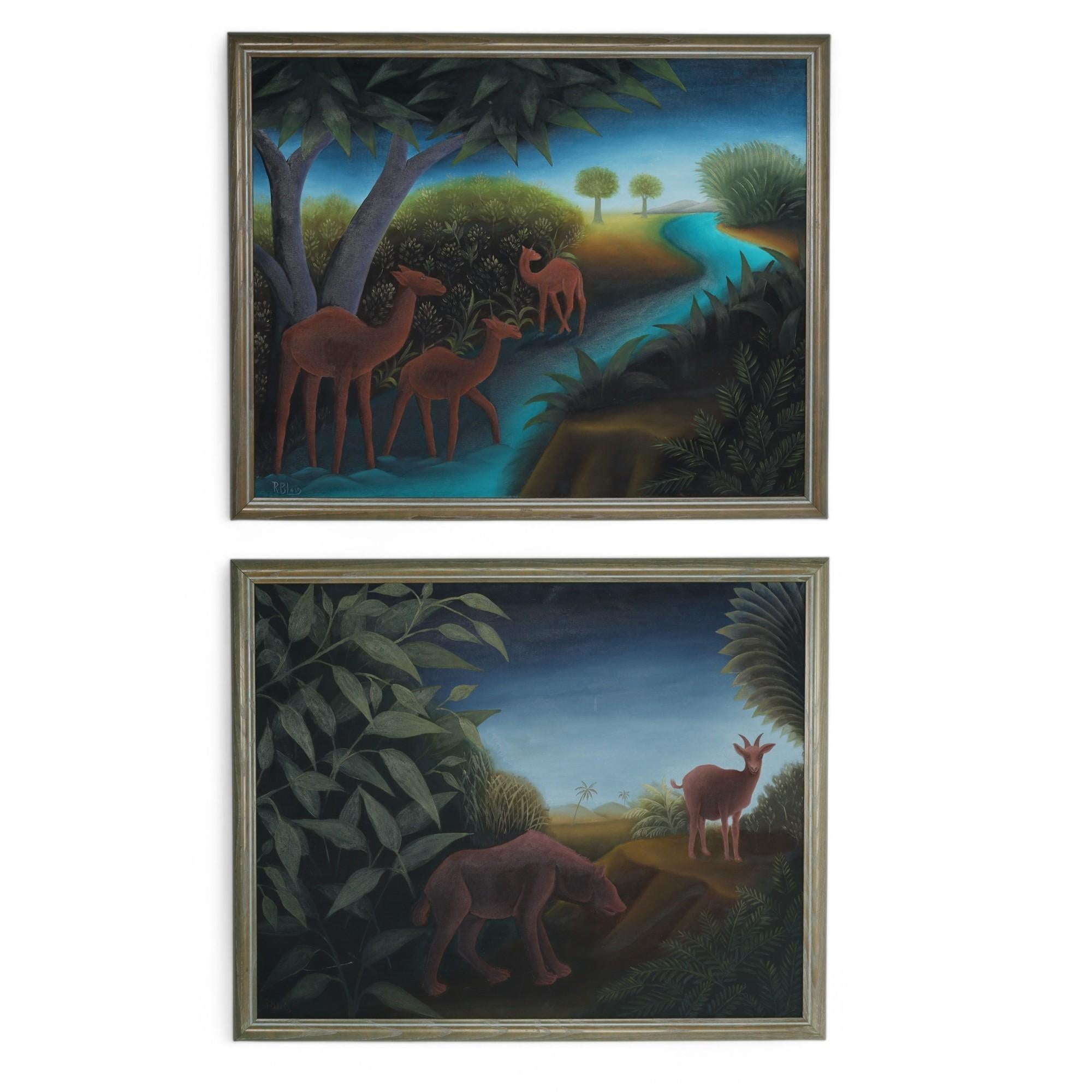 Pair of Vintage Haitian Painting of Animals in a Jungle by Roland Blain
