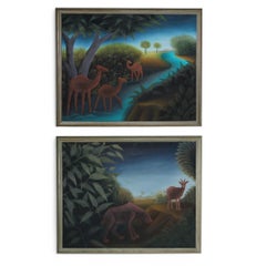 Pair of Vintage Haitian Painting of Animals in a Jungle by Roland Blain