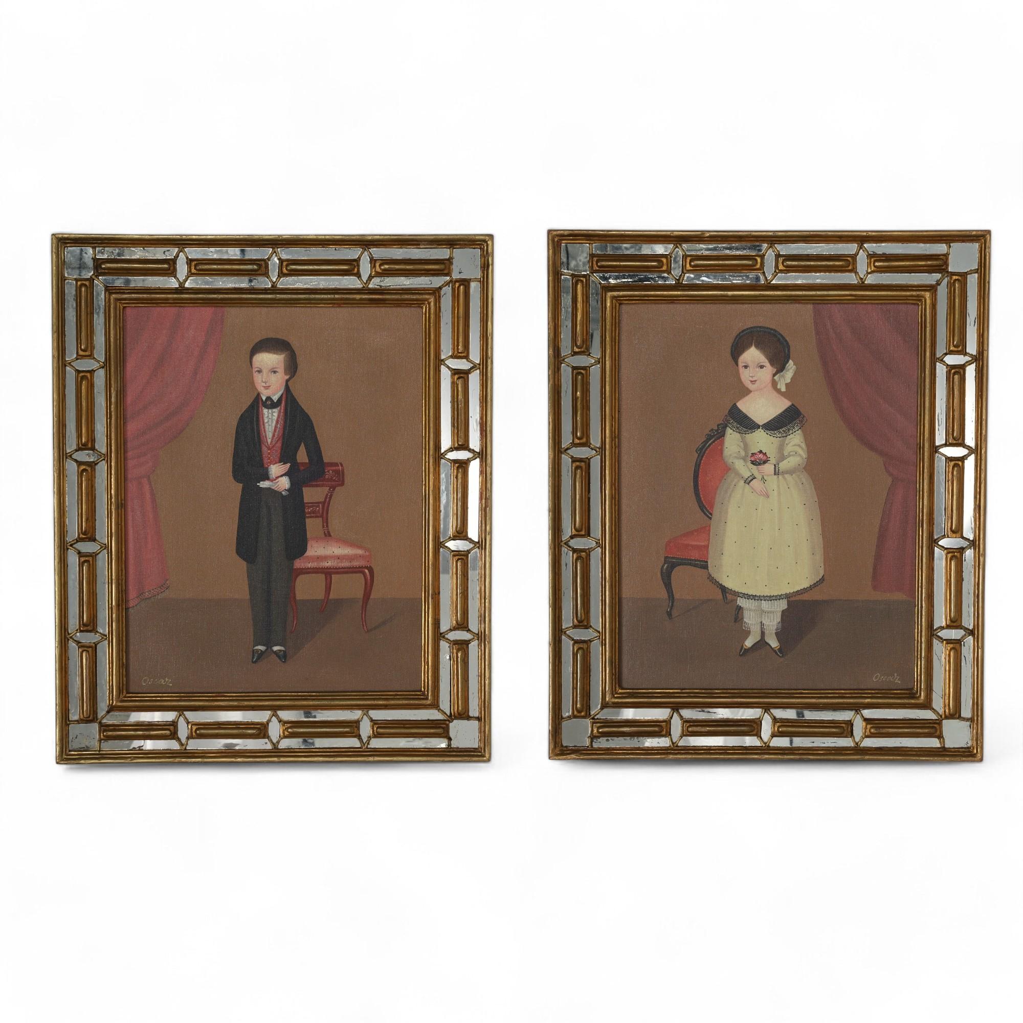 Double take pair of vintage Mexican oil paintings on canvas of a man and a woman in interior settings executed in a distinctive naive style, signed Oscar and presented in gilt wood and mirror frames. 