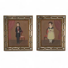 Pair of Vintage Mexican Folk Art Paintings of a Man and a Woman by Oscar Bernach