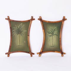 Pair of Vintage Palm Tree Paintings in Bamboo Frames