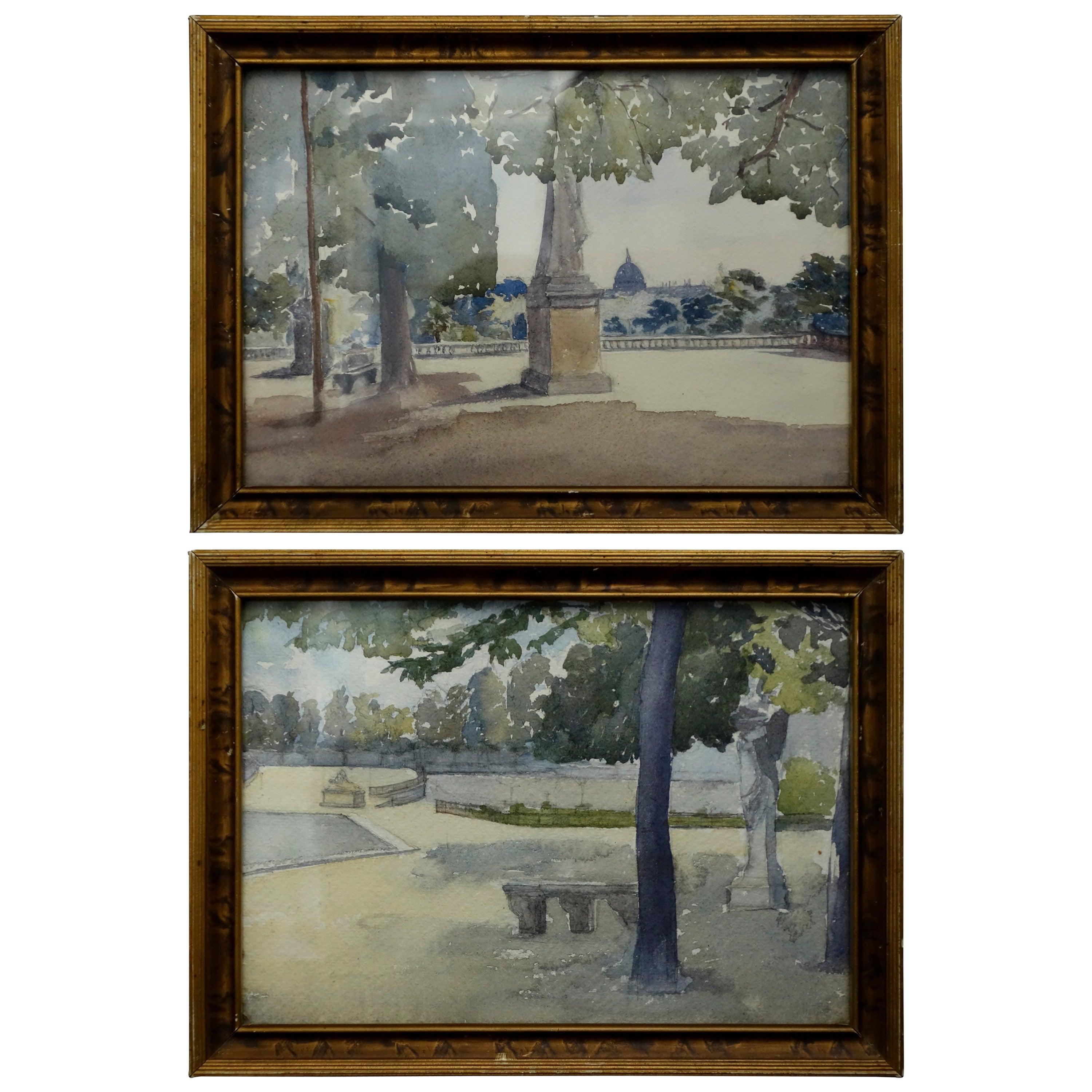 Landscape Painting de Unknown - Pareja de acuarelas con vistas al Jardín de Luxemburgo