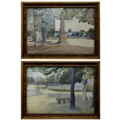 Coppia di acquerelli con vedute dei Giardini del Lussemburgo