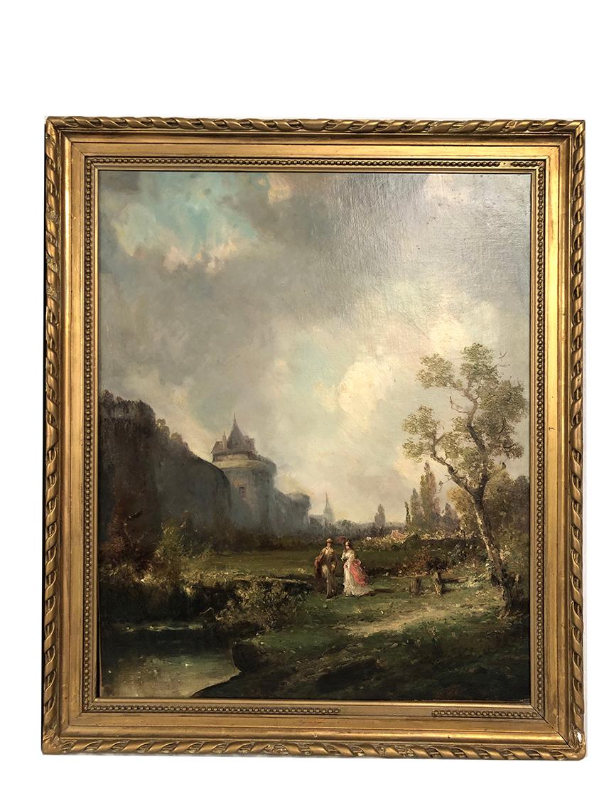 Paire d’huiles sur toile, paysages animés XIXe - French School Painting by Unknown
