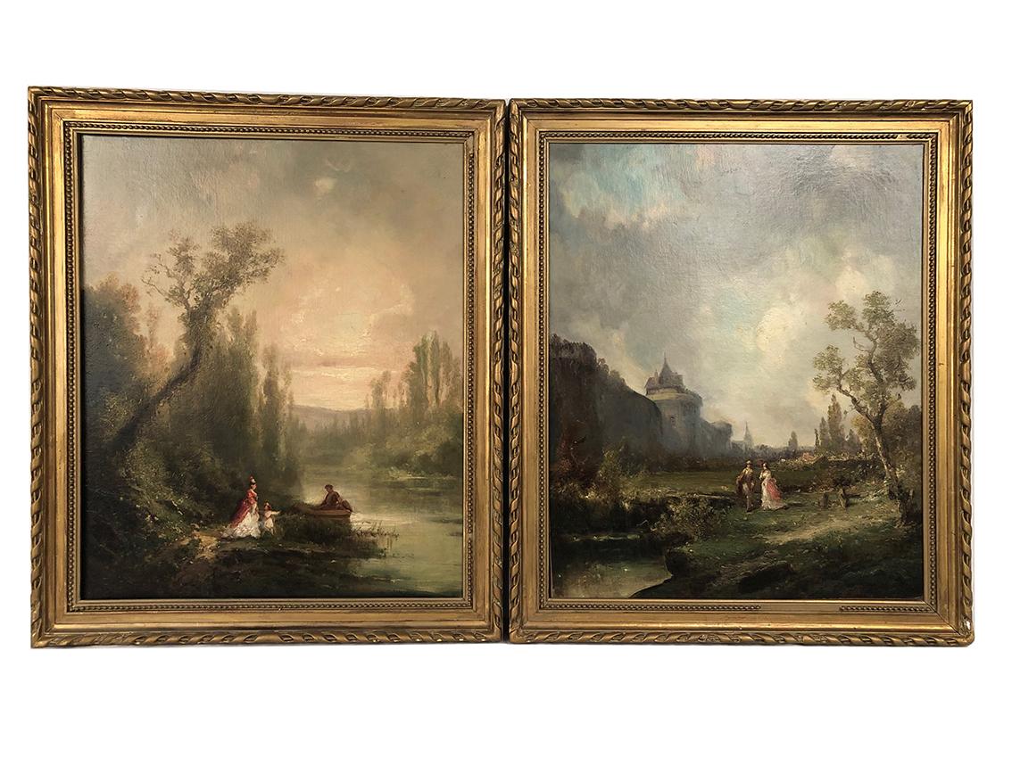 Paire d'huiles sur toile, paysages animés XIXe