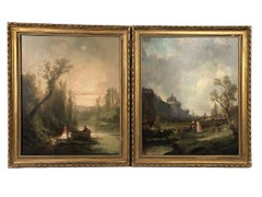 Antique Paire d’huiles sur toile, paysages animés XIXe