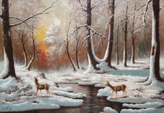 Paisaje invernal con fauna - Óleo sobre tela - Firmado y enmarcado - 80 x 116cm.