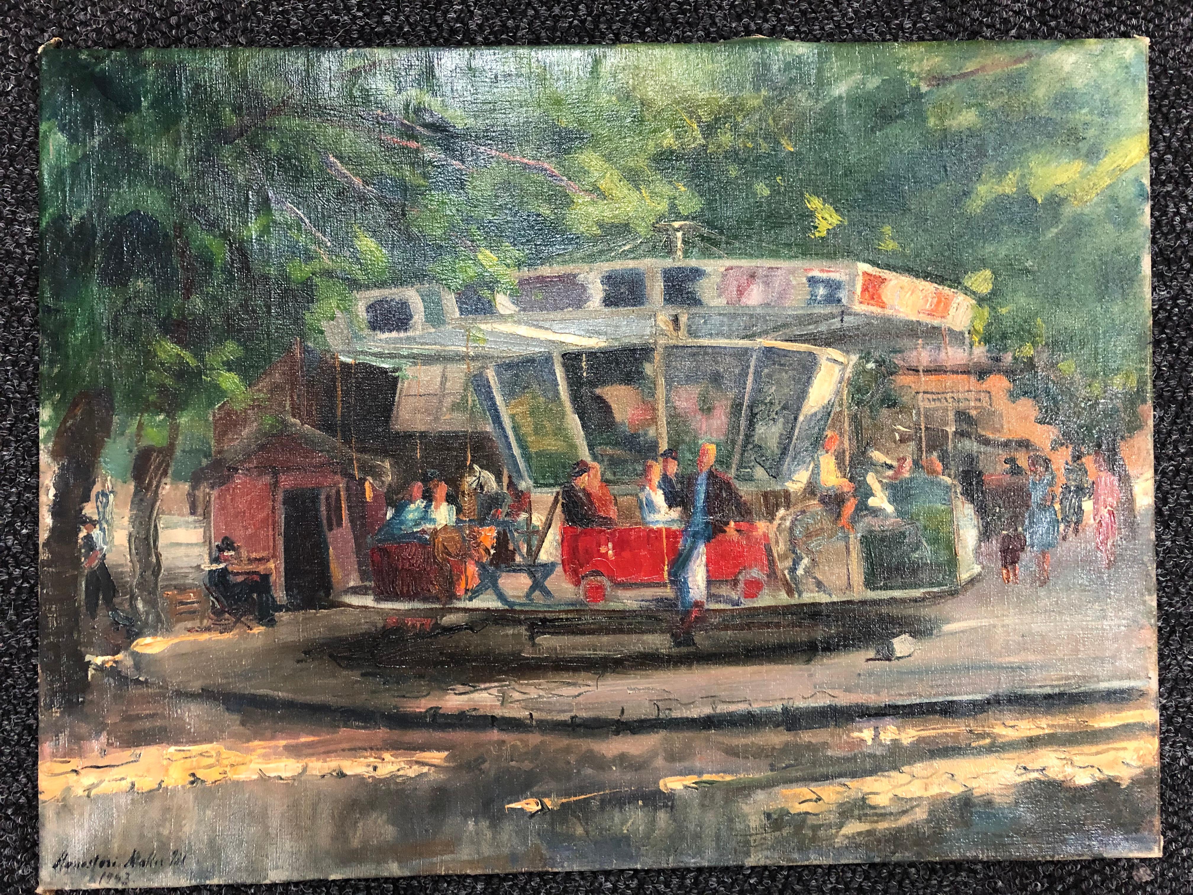 Pal Monostori-Moller: 1894-1978. Well listed Hungarian artist with auction results over $27,000. This gem might be from his paintings of an amusement park in England. It is oil on canvas measuring 31 1/8 inches wide by 23 3/8 inches high. It is
