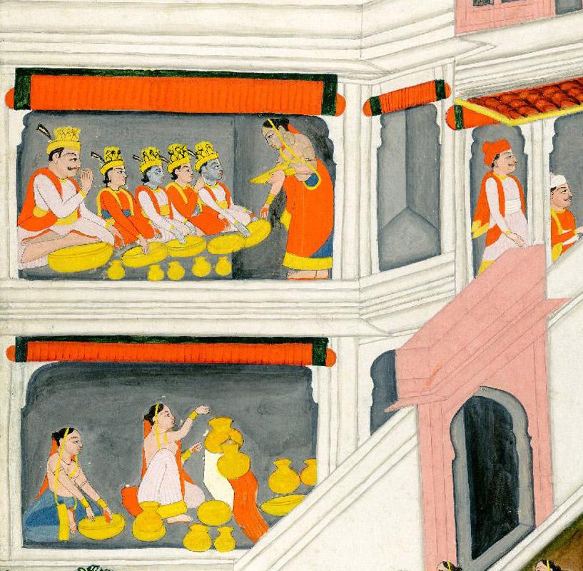 Palais avec des vignettes de scènes de la vie de la cour royale - Rajput Painting par Unknown