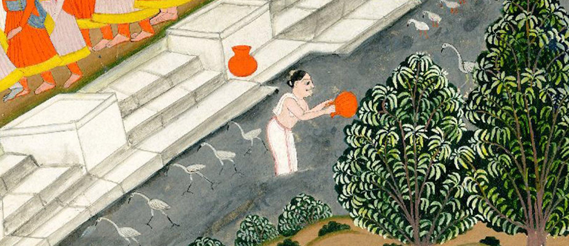 Palacio con viñetas de escenas de la vida de la Corte Real
Escuela Rajput de principios del siglo XIX
Aguada sobre papel grueso, montada en tablero de soporte moteado de oro
c. 1820
Sin firmar, como siempre
Inscripción en el soporte