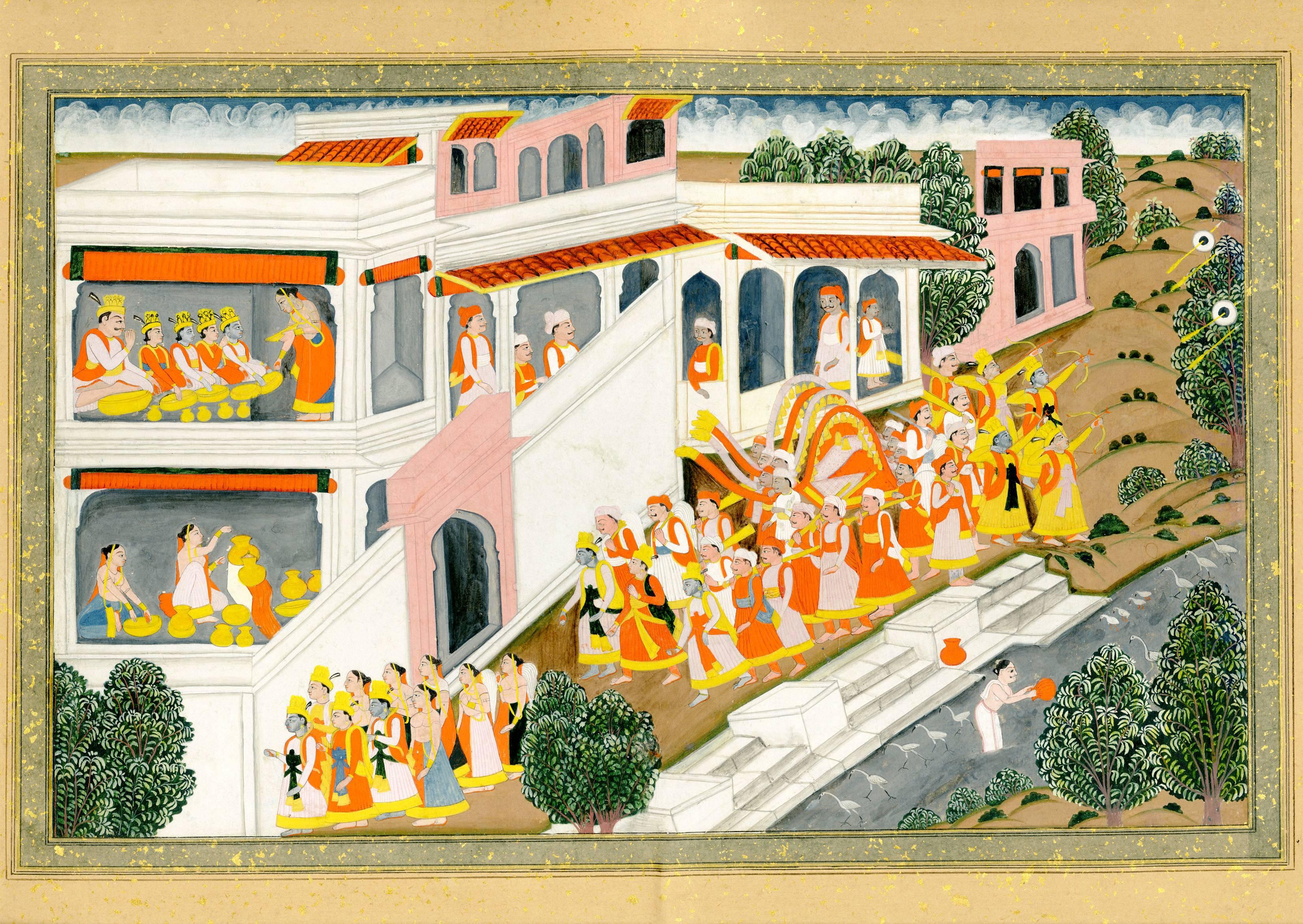 Landscape Painting de Unknown - Palacio con viñetas de escenas de la vida de la Corte Real