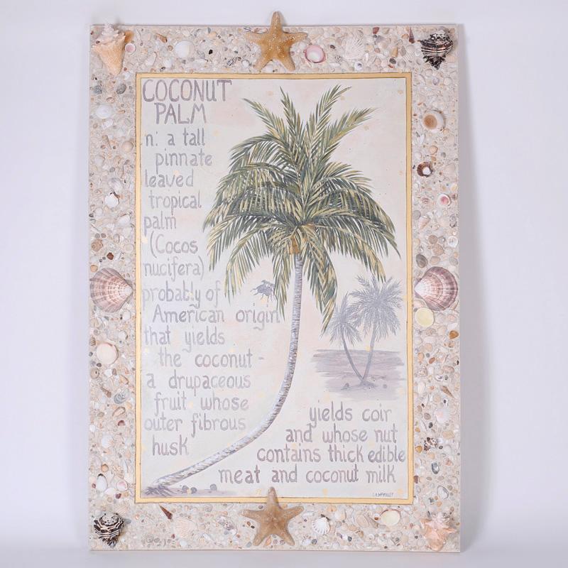 Palm Tree Painting on Canvas with Seashell Frame