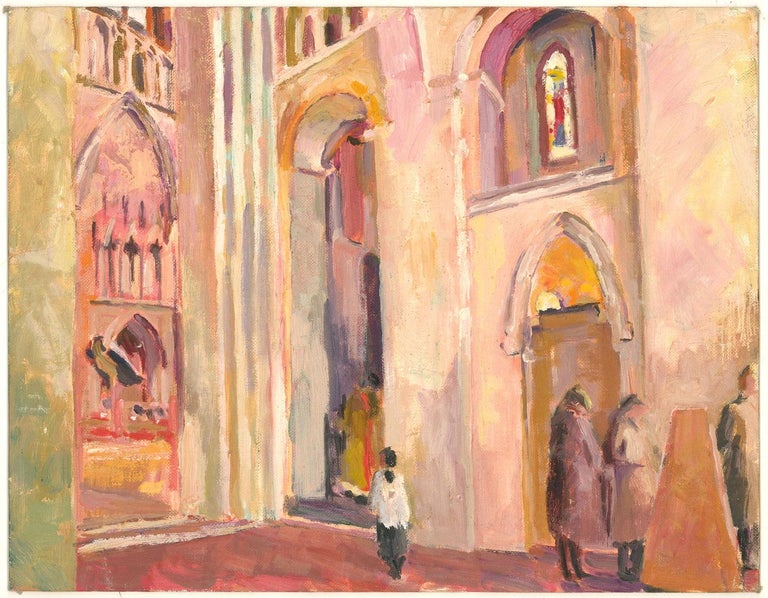 A fine oil painting by the artist Pamela Chard, depicting a church interior with figures. Unsigned. On canvas board.
