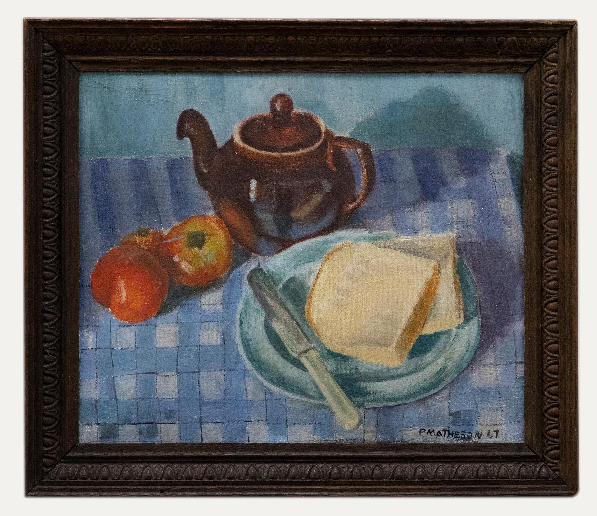 Unknown Still-Life Painting - Pamela Price  - 1947 Oil, Tea Time