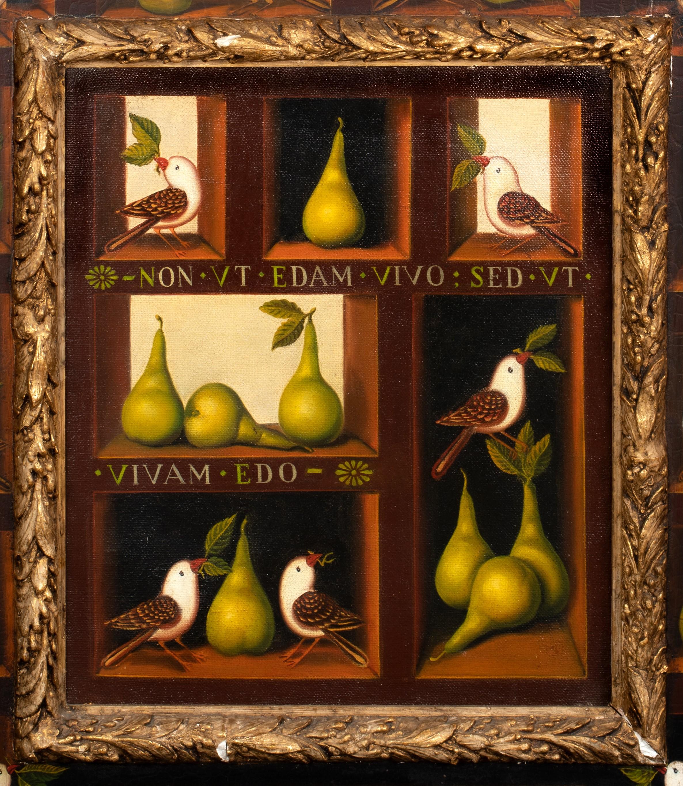 Panel Still Life Of Birds & Pears - Brown Still-Life Painting by Unknown