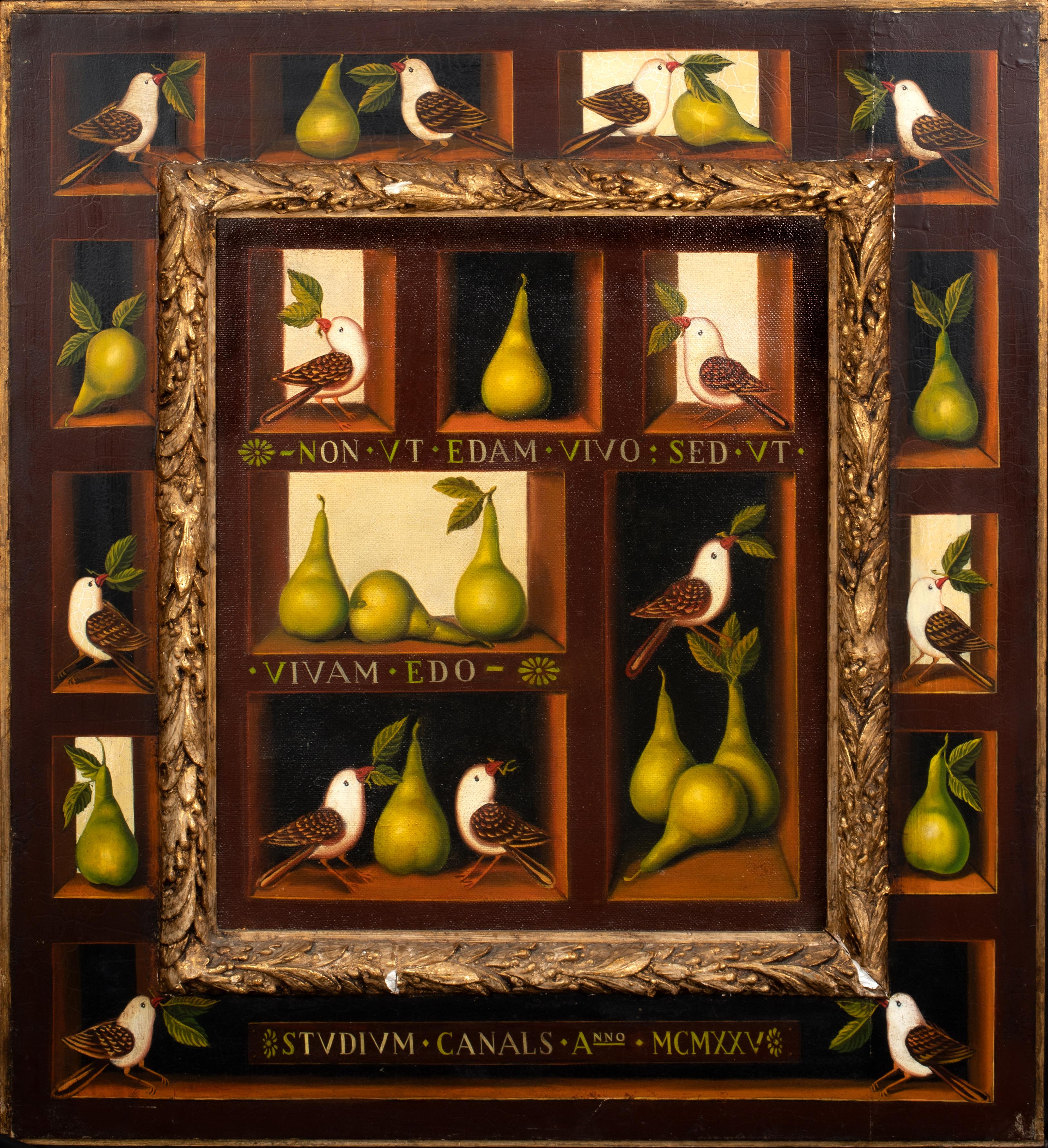 Unknown Still-Life Painting - Panel Still Life Of Birds & Pears