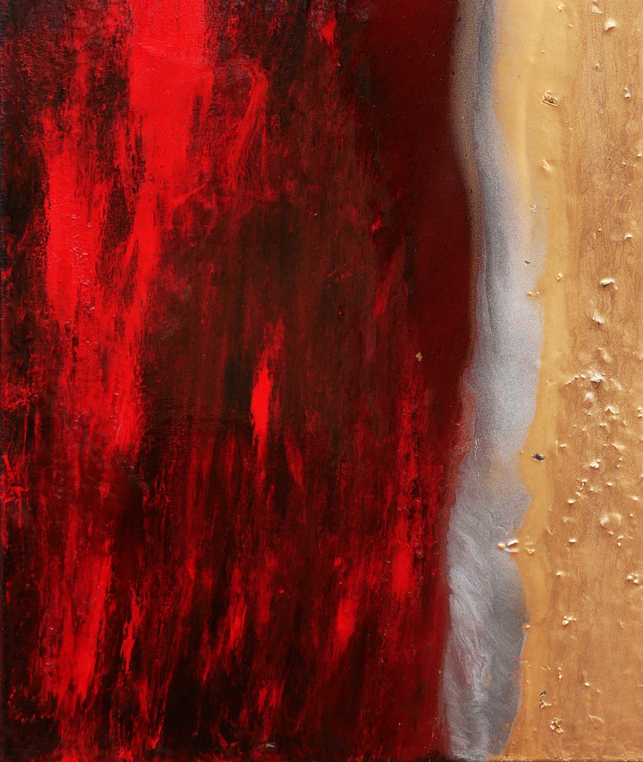 Red, white, and gold abstract painting by artist 