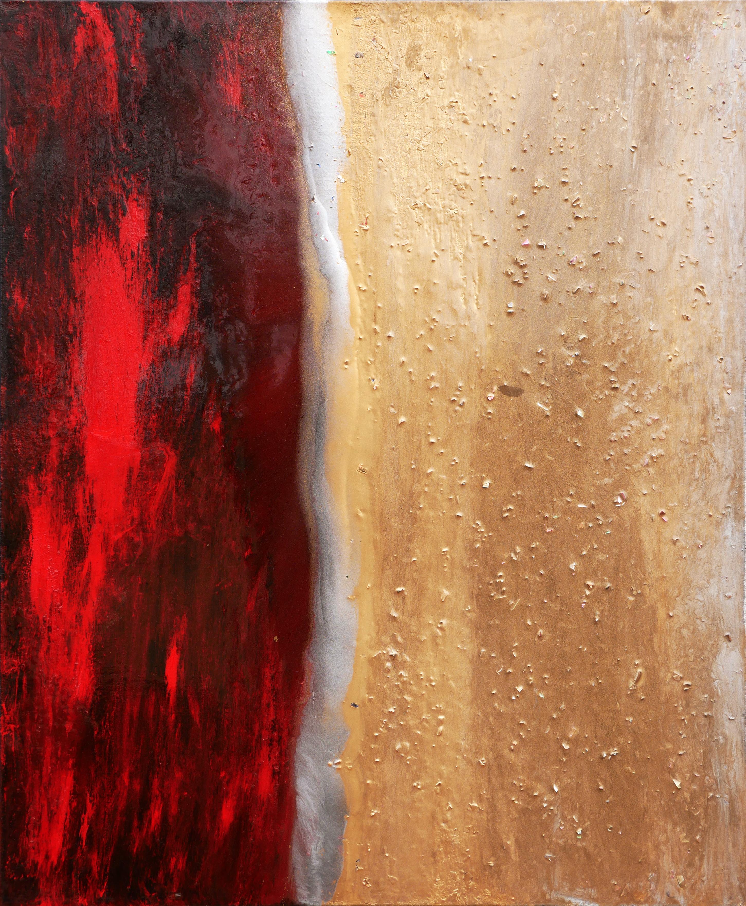 Unknown Abstract Painting - "Panic Attack" Red, Silver, and Gold Abstract Textured Painting