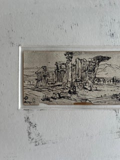Panoramic Classical Ruins Landscape Pen Ink Drawing