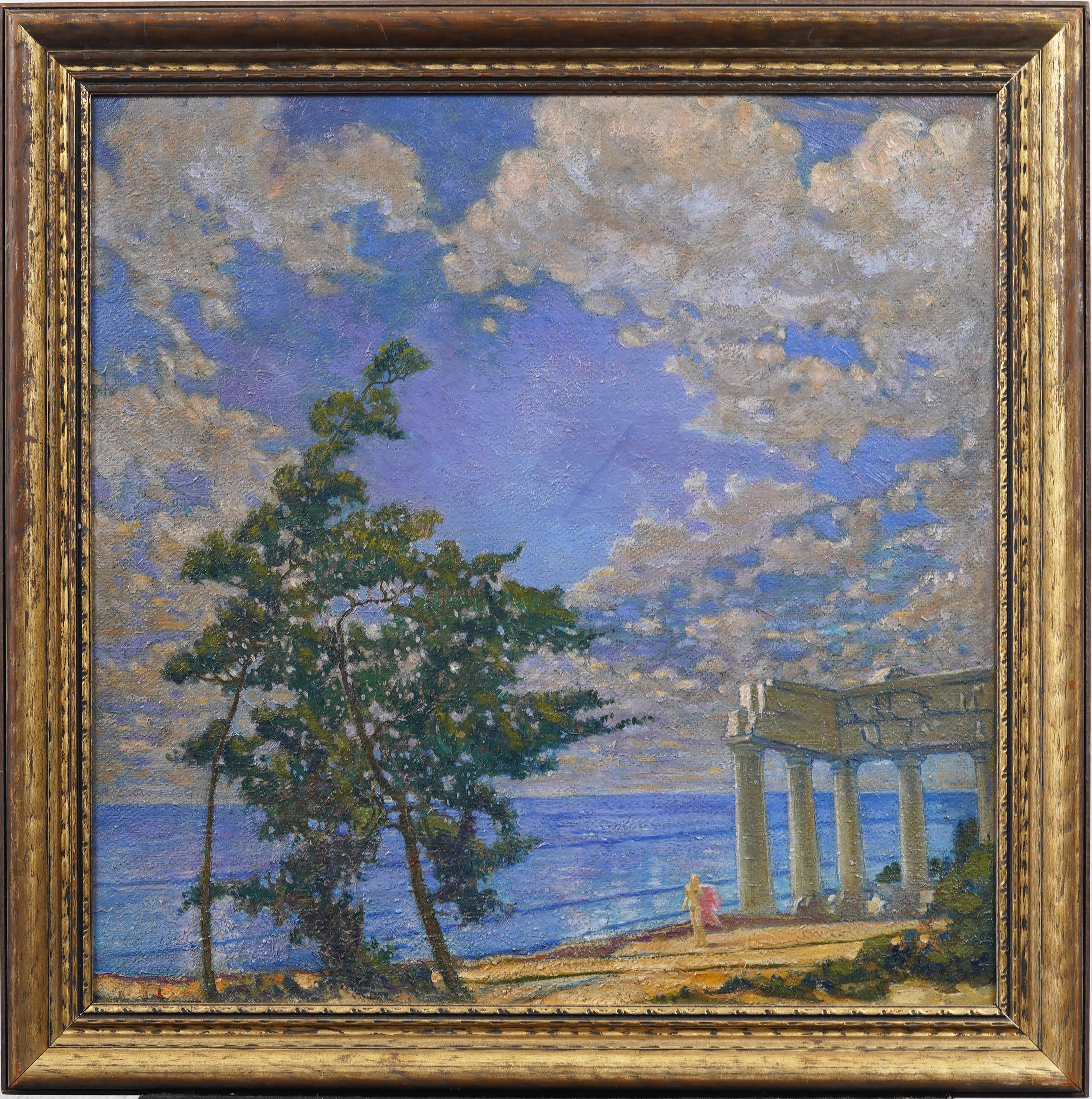 Panoramique d'été paysage marin européen ciel sans fin peinture de paysage impressionniste - Painting de Unknown