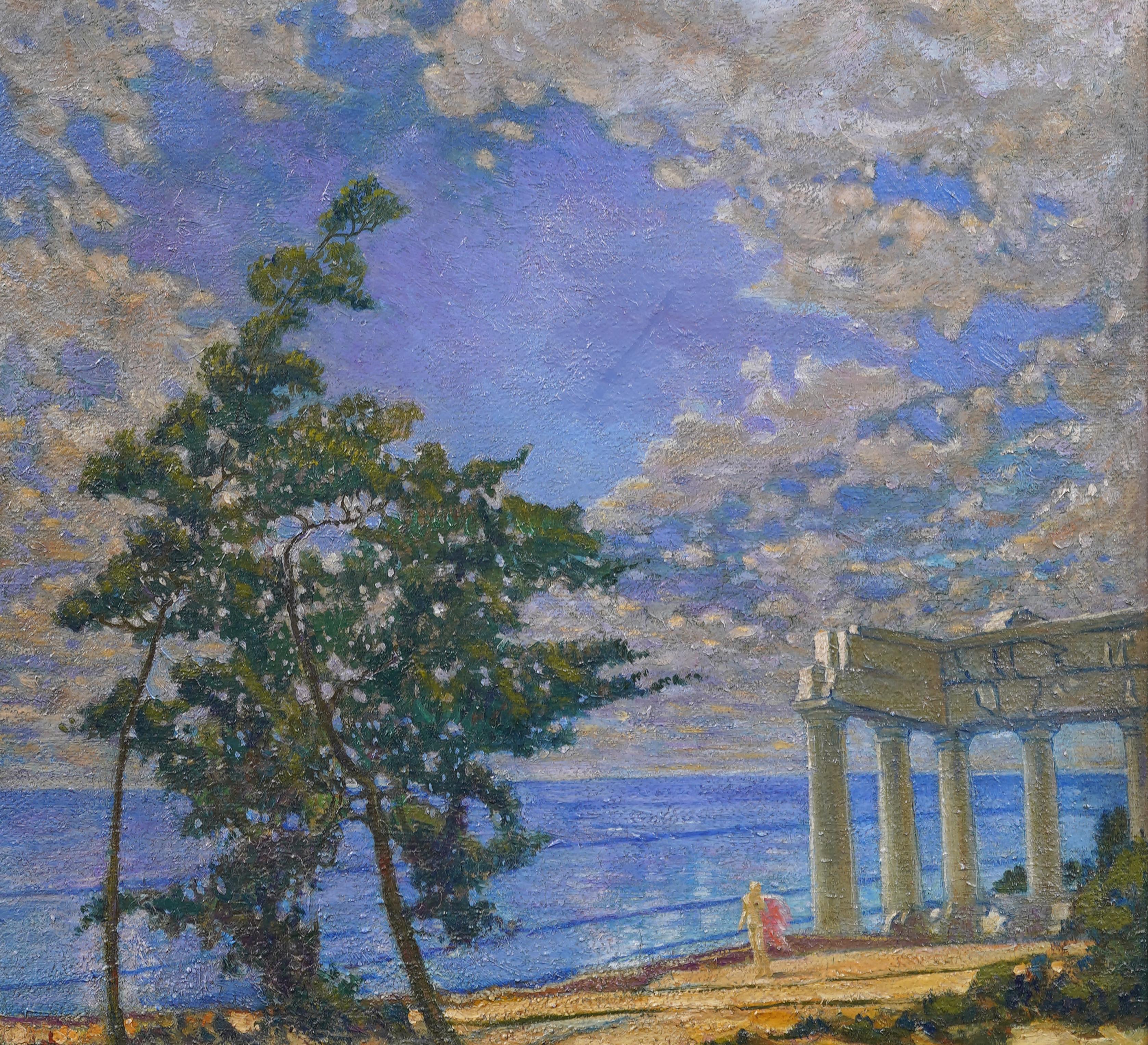 Panoramique d'été paysage marin européen ciel sans fin peinture de paysage impressionniste - Gris Landscape Painting par Unknown