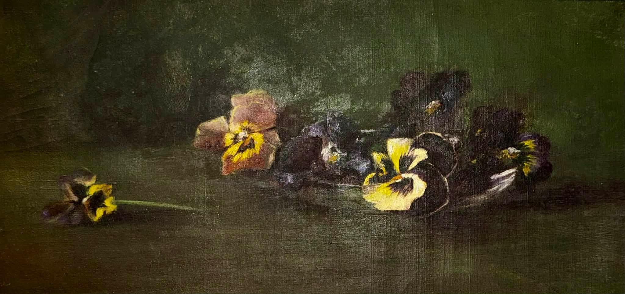 Schöne Boston School Öl auf Leinwand Stillleben von Stiefmütterchen. 7