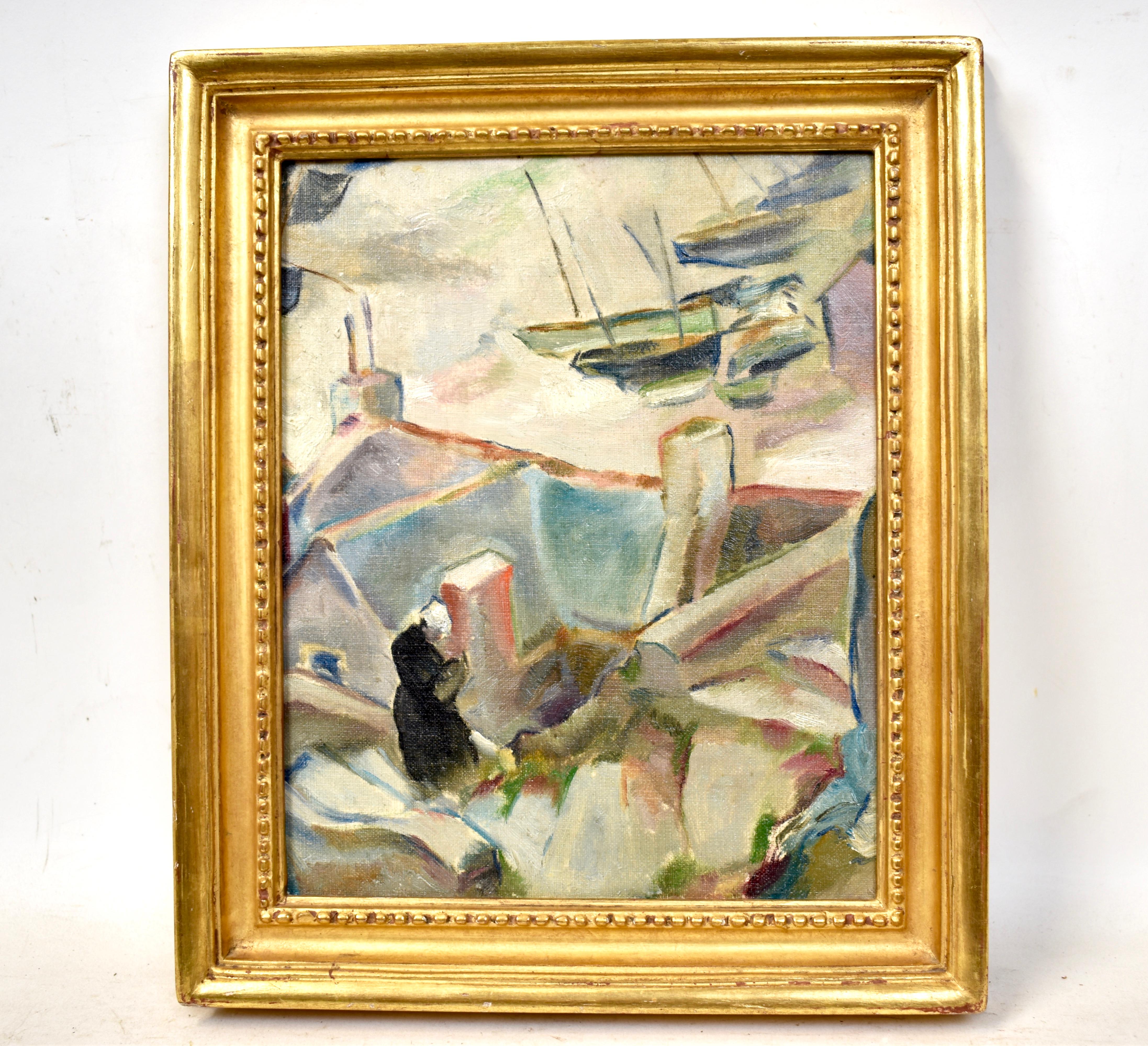 Paris Modern Cubist Abstracted Harbor View Original Antique Oil Painting - Beige Abstract Painting by Unknown